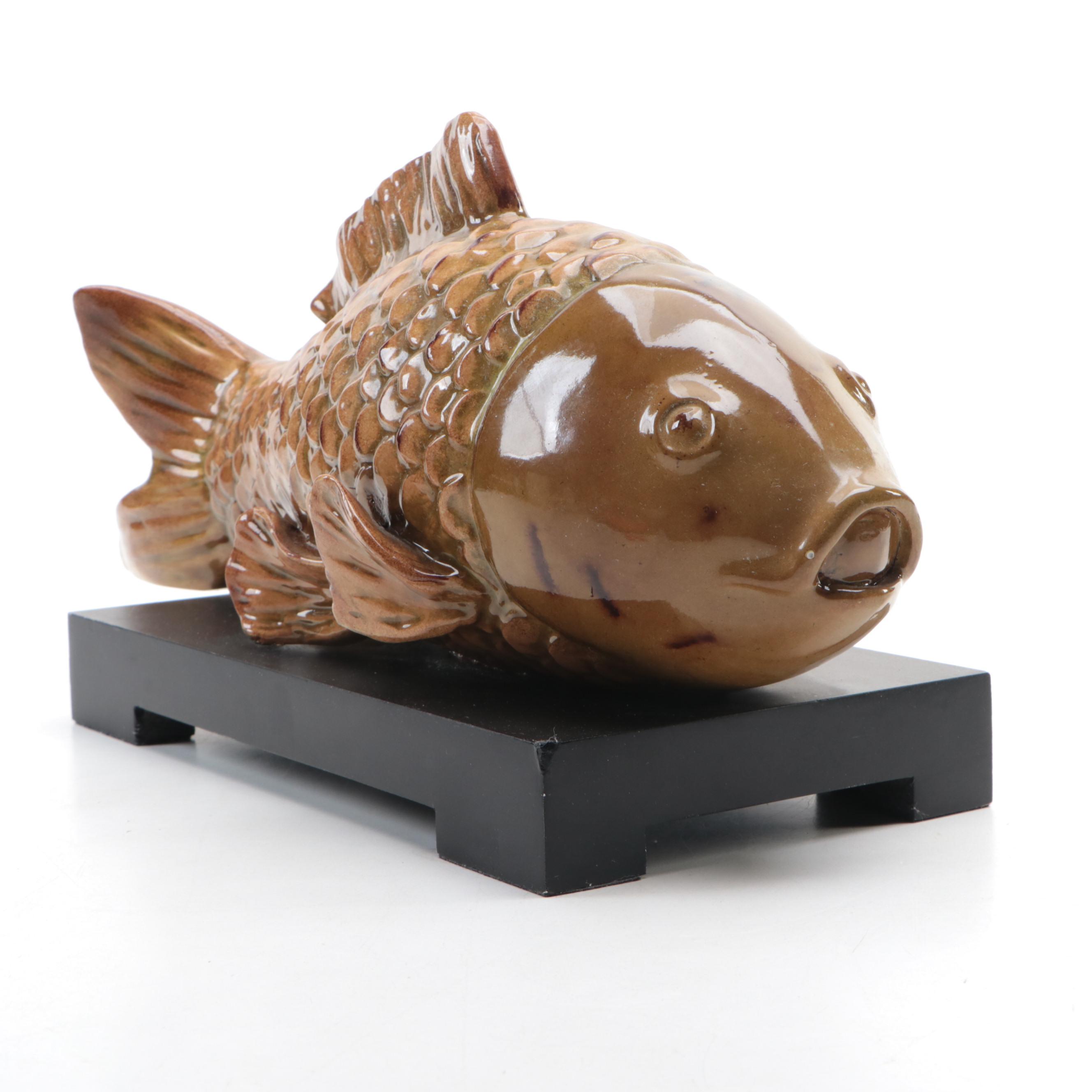 Ceramic Koi Fish Figure with Wooden Base