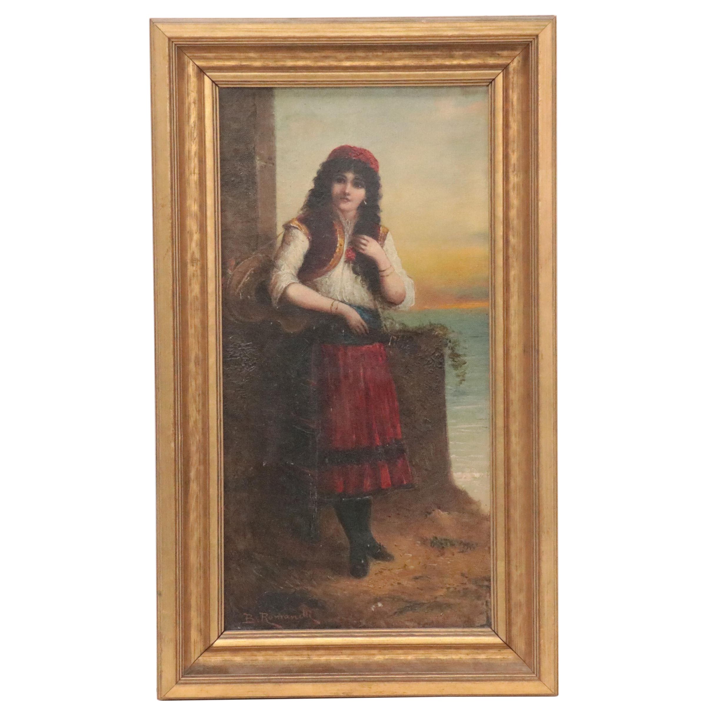 B. Romanelli Oil Painting of Woman with Guitar, 20th Century