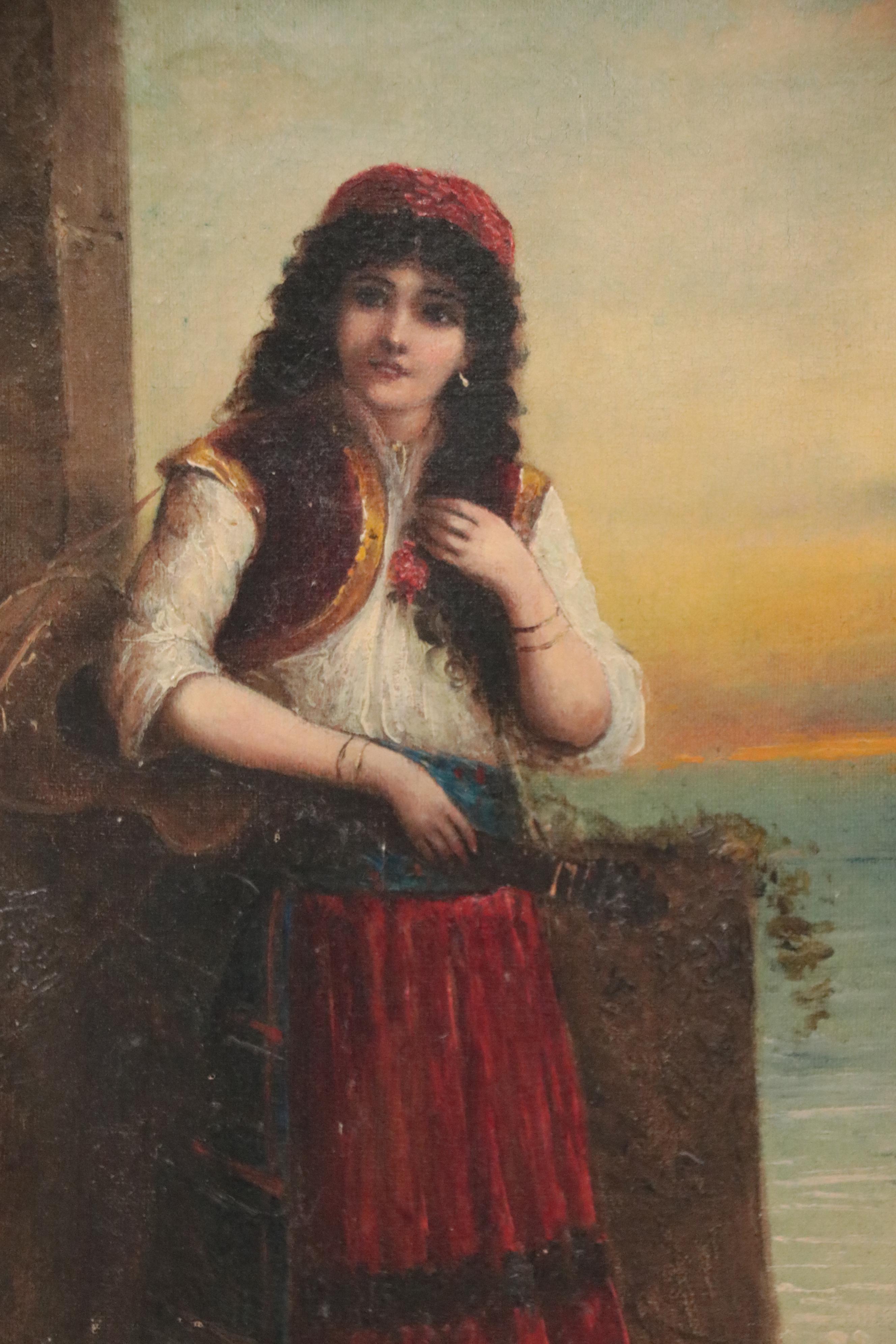 B. Romanelli Oil Painting of Woman with Guitar, 20th Century