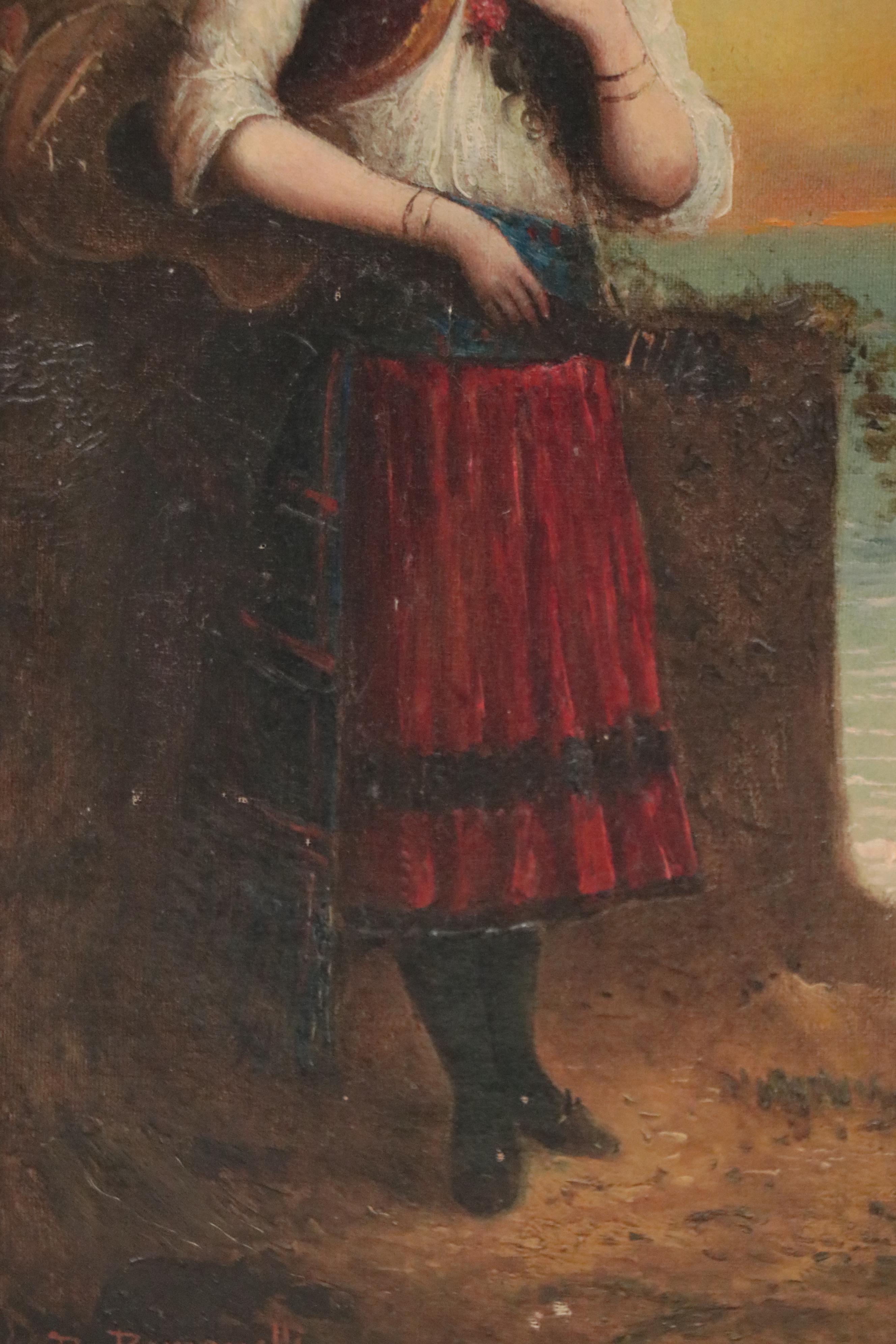 B. Romanelli Oil Painting of Woman with Guitar, 20th Century