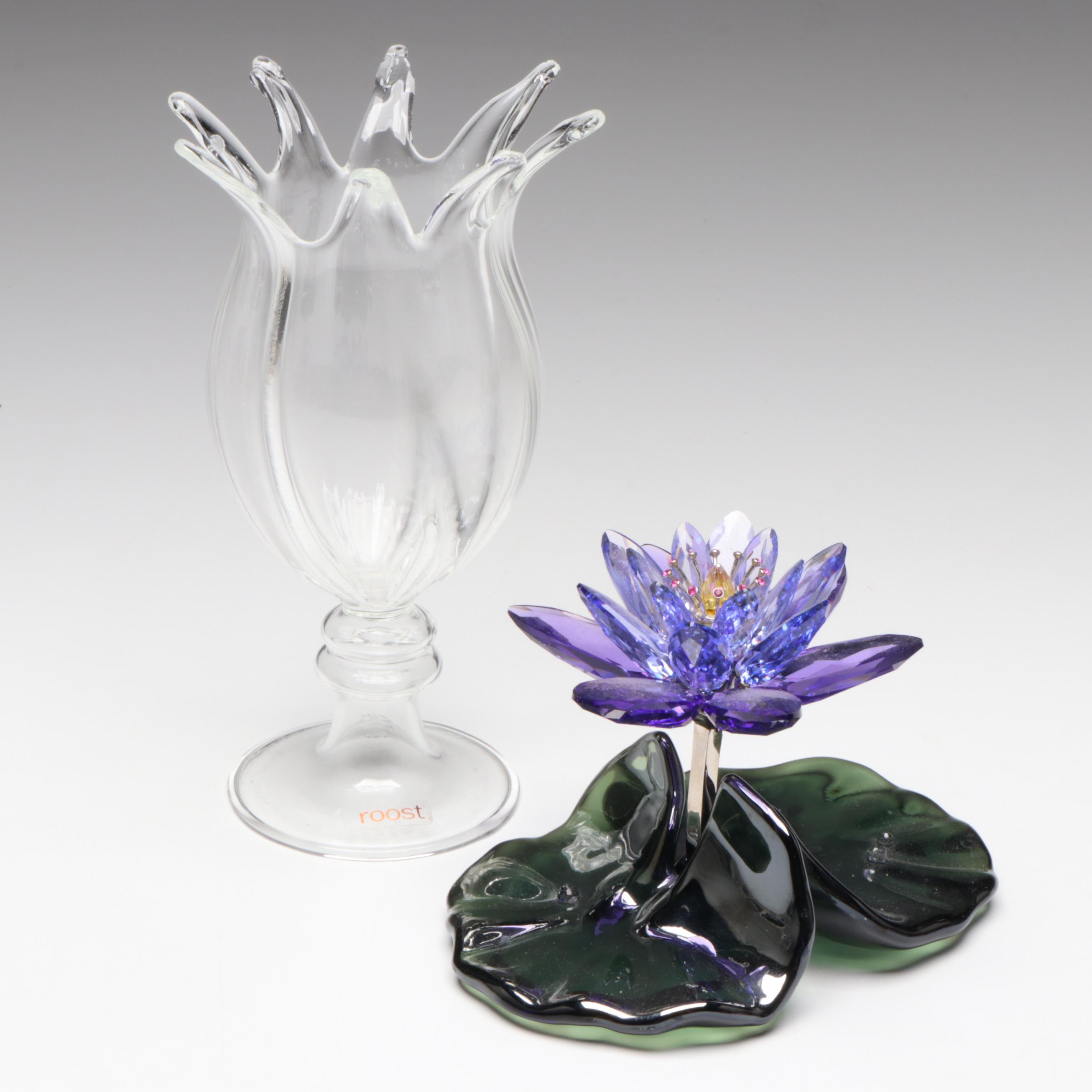 Swarovski "Blue Violet Water Lily" Crystal Flower with Glass Footed Vase