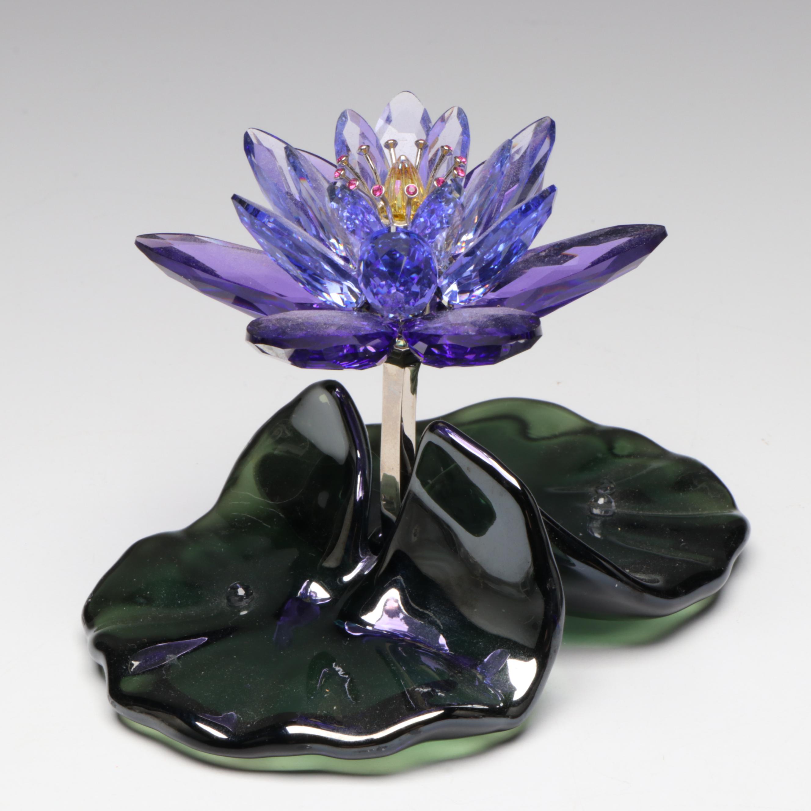 Swarovski "Blue Violet Water Lily" Crystal Flower with Glass Footed Vase