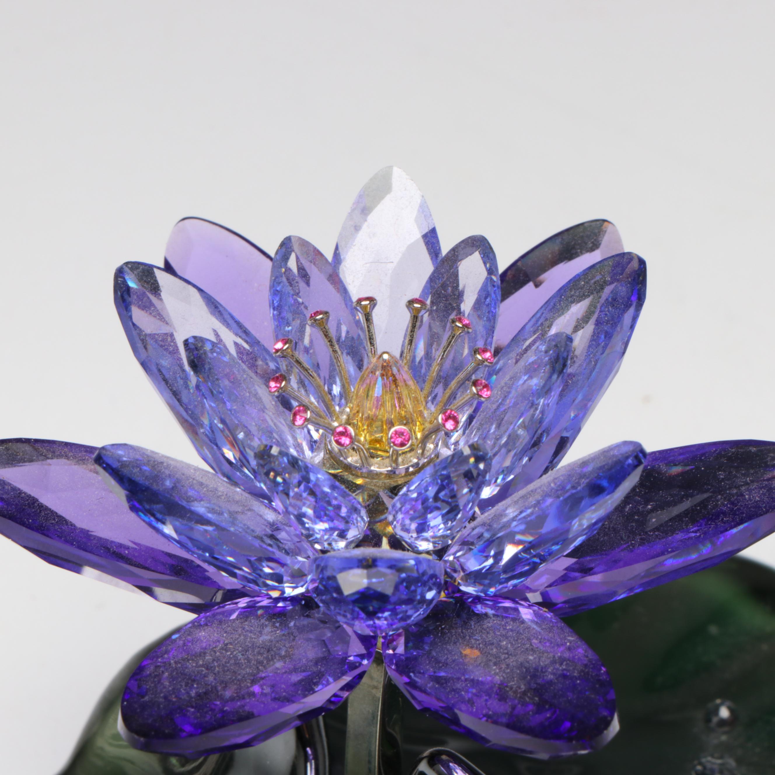 Swarovski "Blue Violet Water Lily" Crystal Flower with Glass Footed Vase