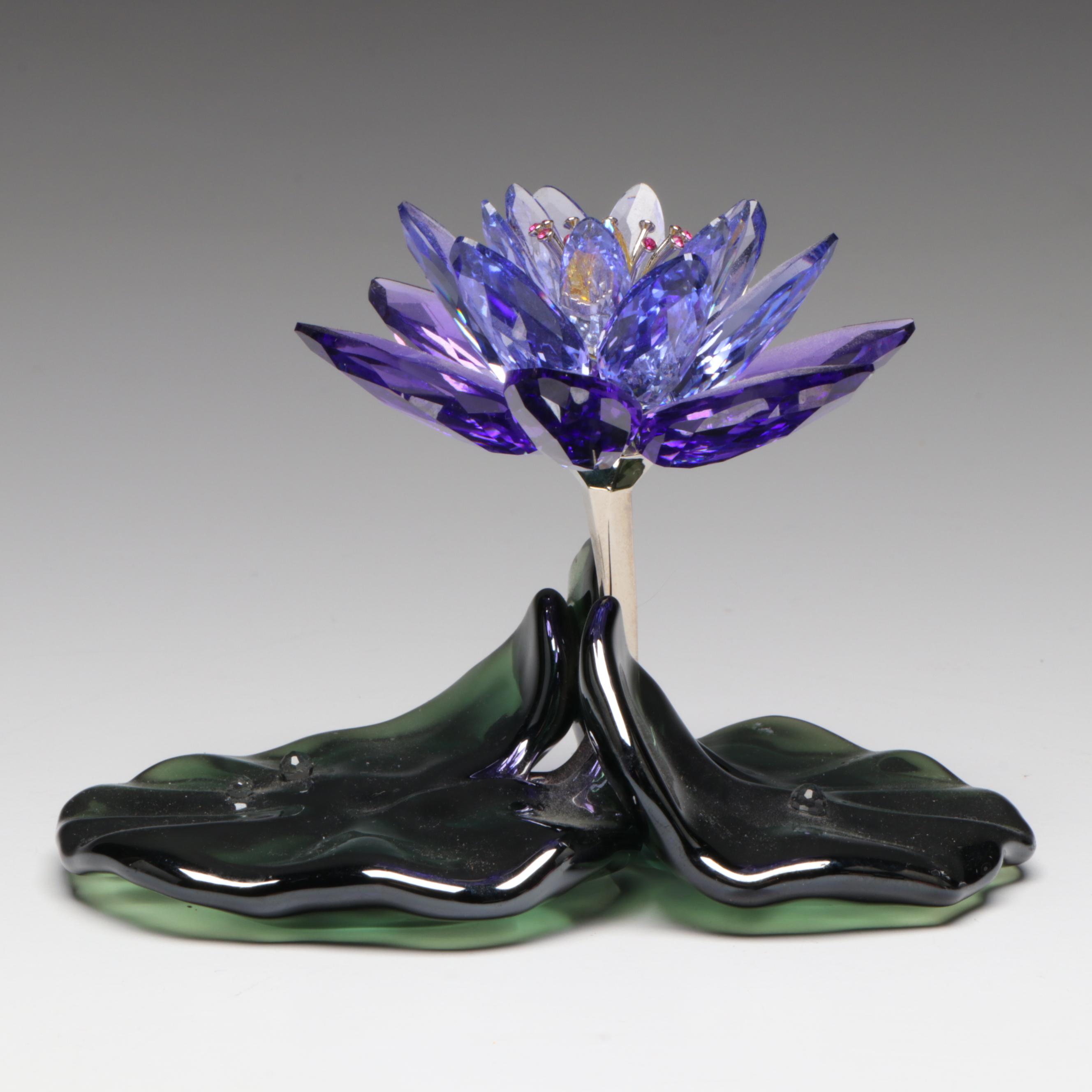 Swarovski "Blue Violet Water Lily" Crystal Flower with Glass Footed Vase