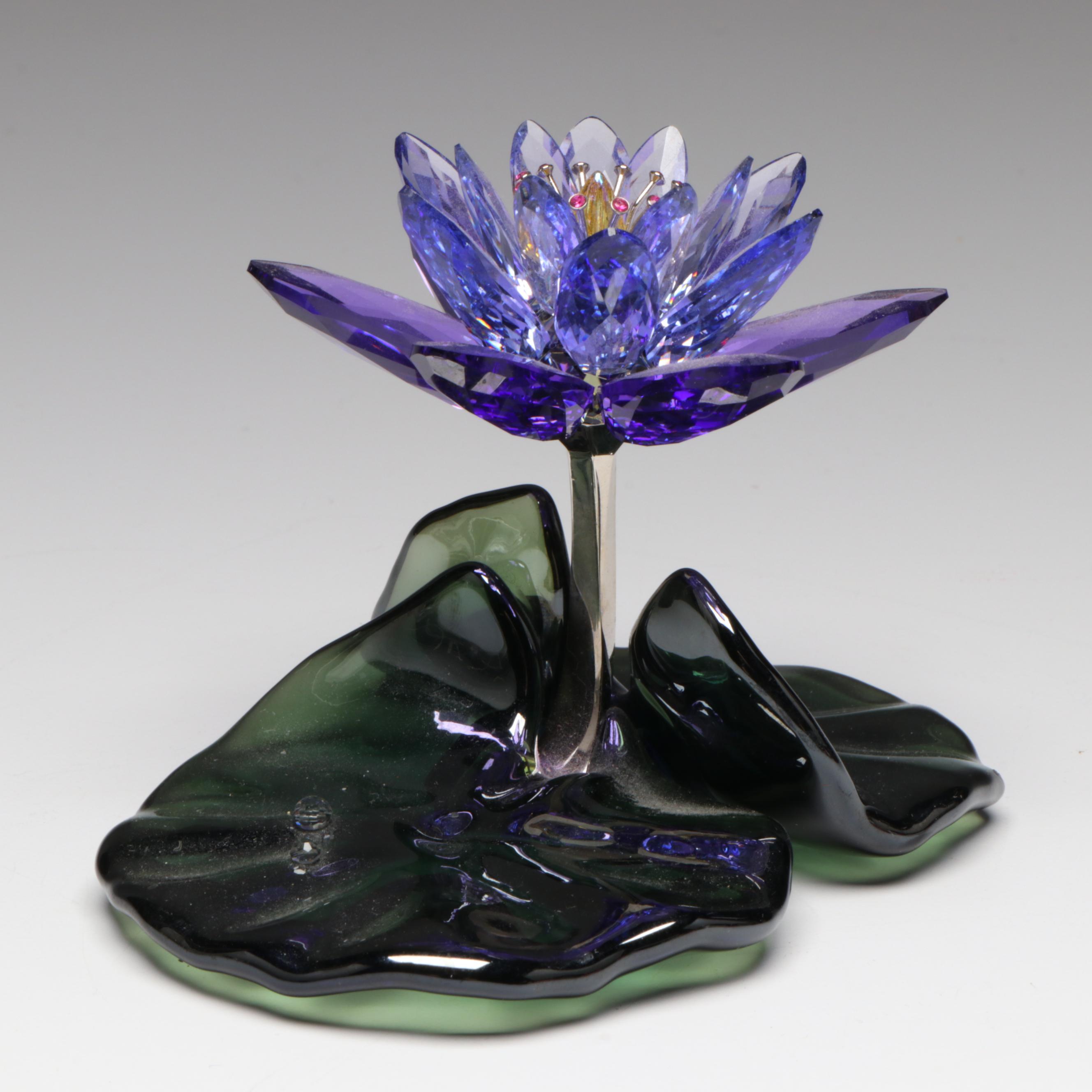 Swarovski "Blue Violet Water Lily" Crystal Flower with Glass Footed Vase