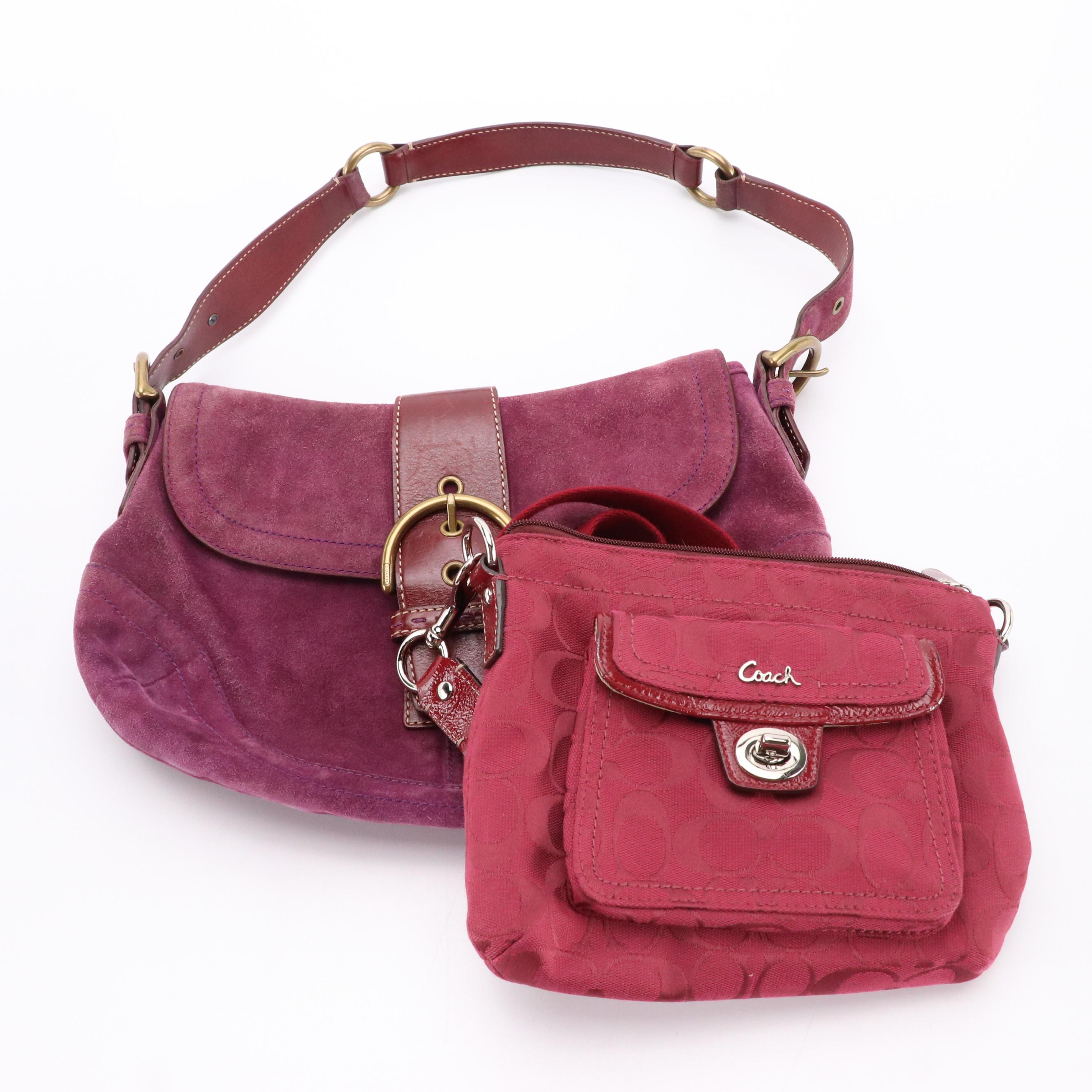 Coach Soho Front Flap Buckle Shoulder Bag in Purple Suede & Signature Swingpack