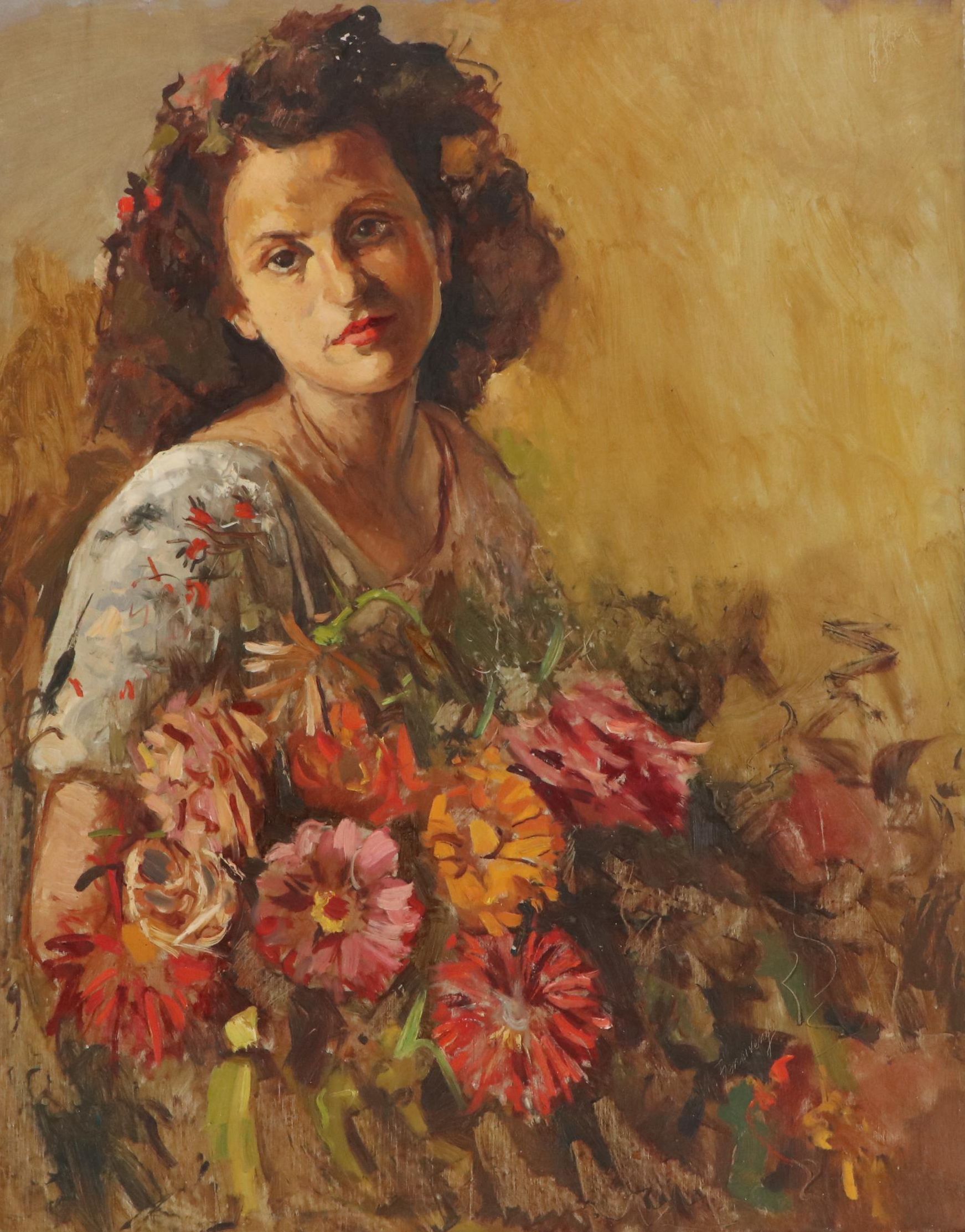 Impressionist Style Oil Painting of a Woman with Flowers, Early 20th Century