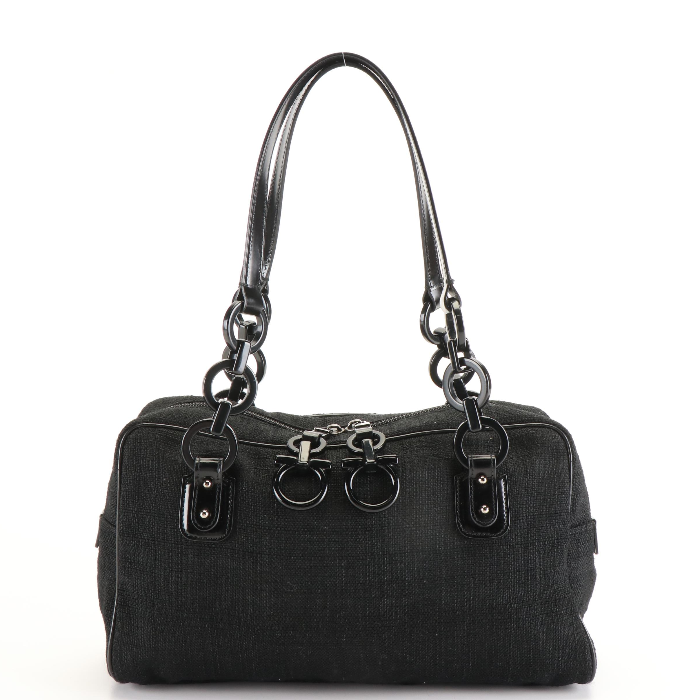 Salvatore Ferragamo Gancini Boston Bag in Black Leather Trimmed Canvas Tweed