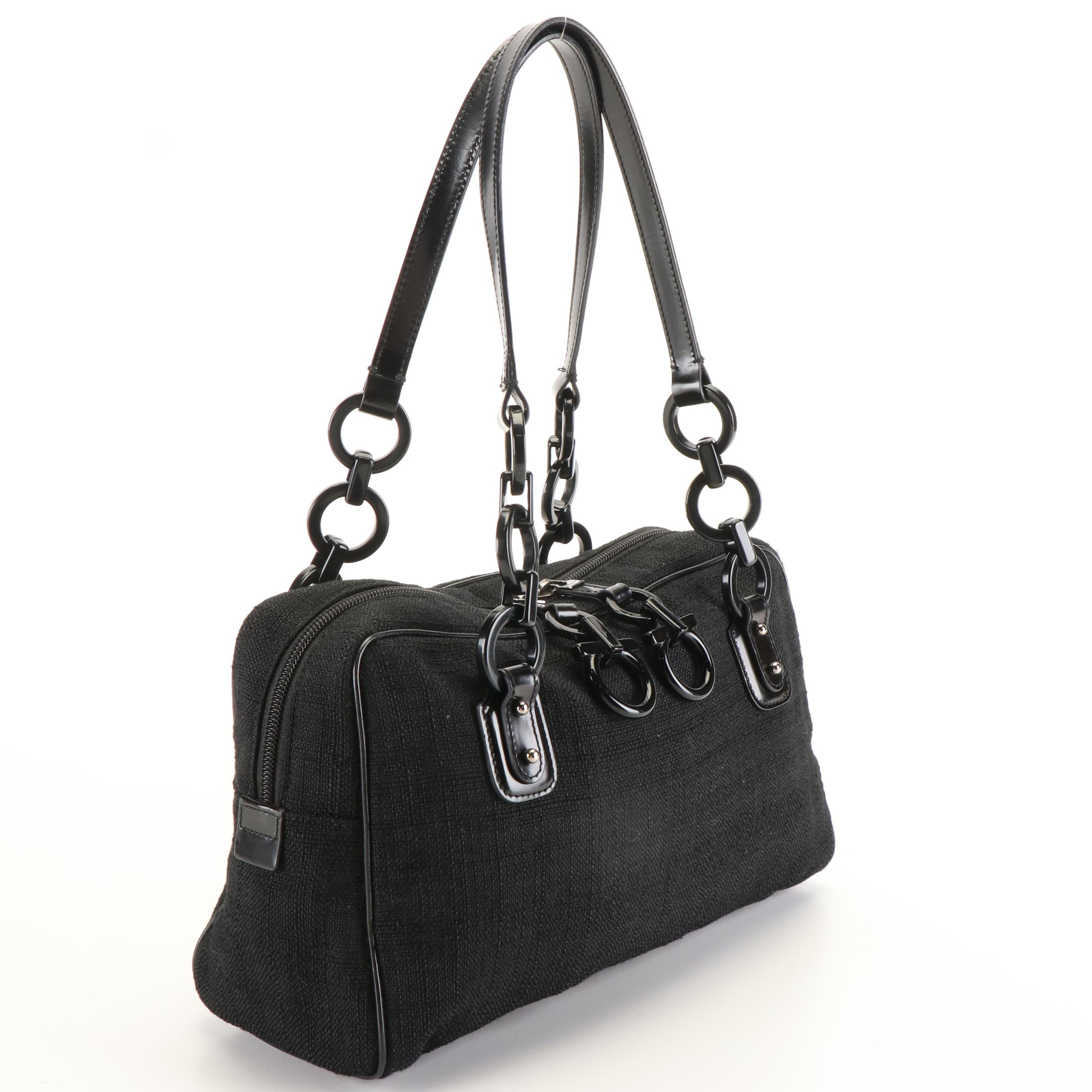 Salvatore Ferragamo Gancini Boston Bag in Black Leather Trimmed Canvas Tweed