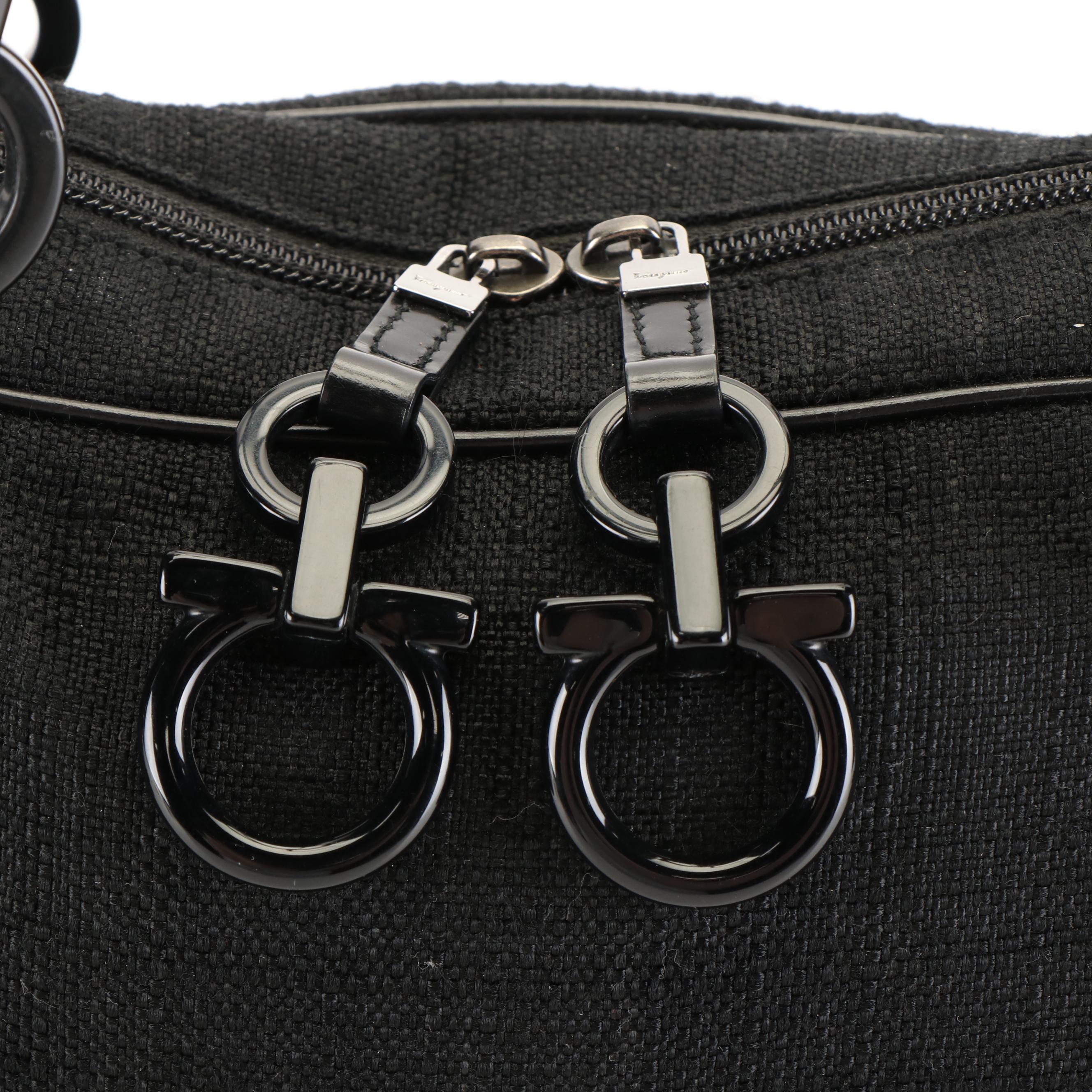 Salvatore Ferragamo Gancini Boston Bag in Black Leather Trimmed Canvas Tweed