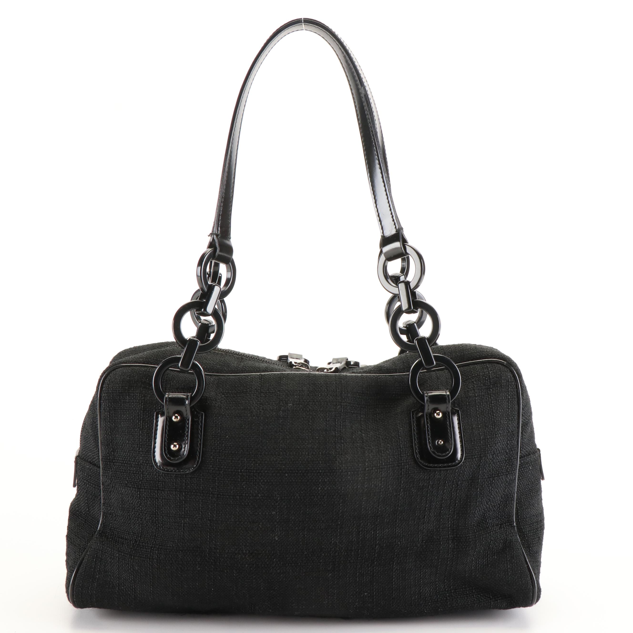 Salvatore Ferragamo Gancini Boston Bag in Black Leather Trimmed Canvas Tweed