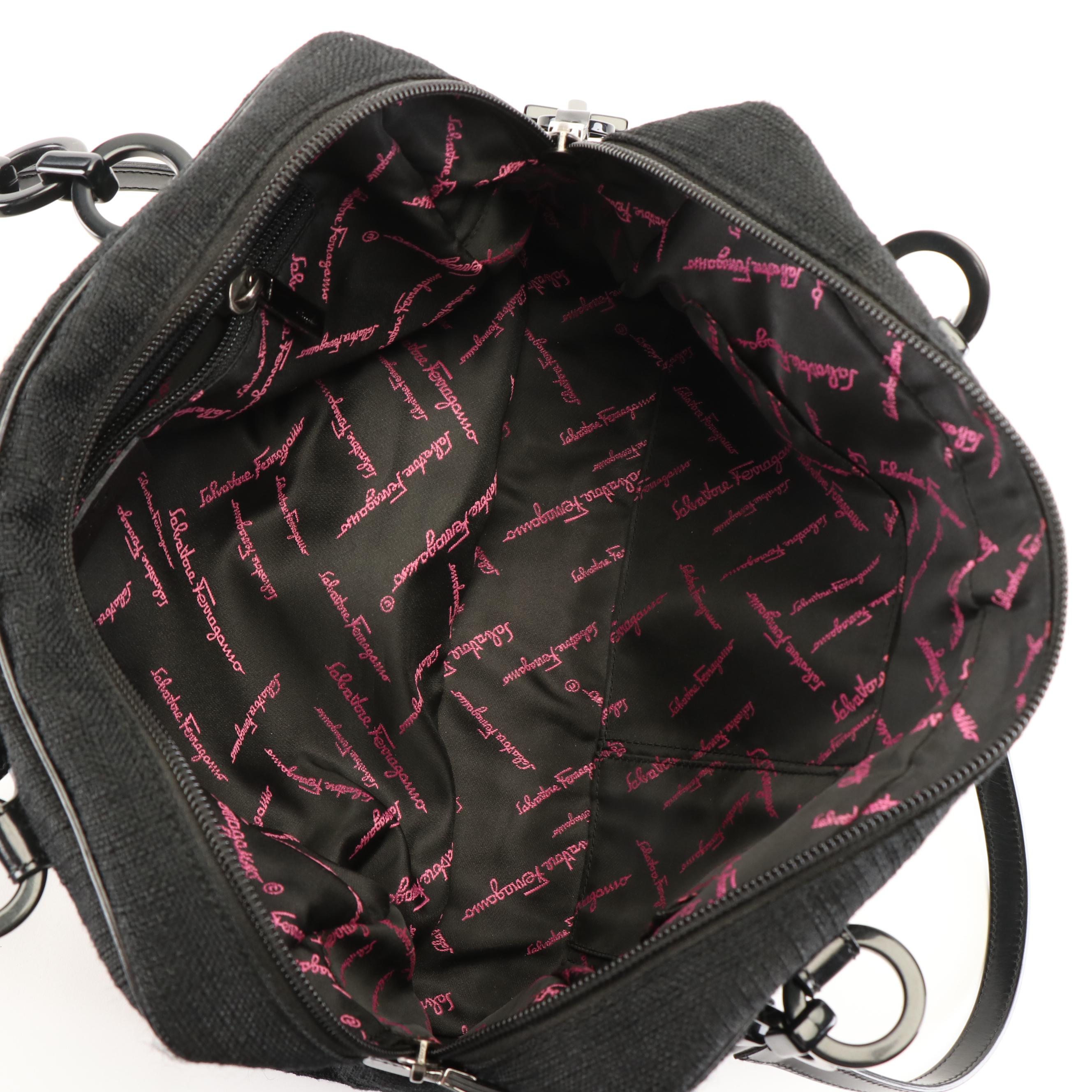 Salvatore Ferragamo Gancini Boston Bag in Black Leather Trimmed Canvas Tweed