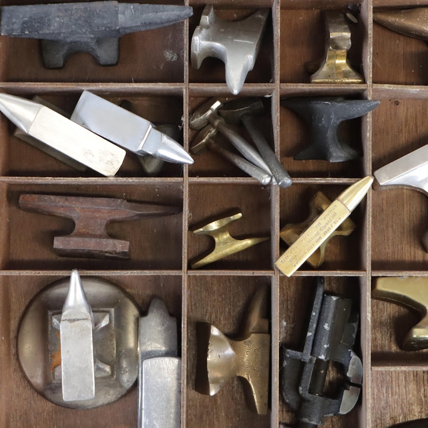 Wooden Typeset Box Filled with Small Anvils and Hammers, Early-Mid 20th ...