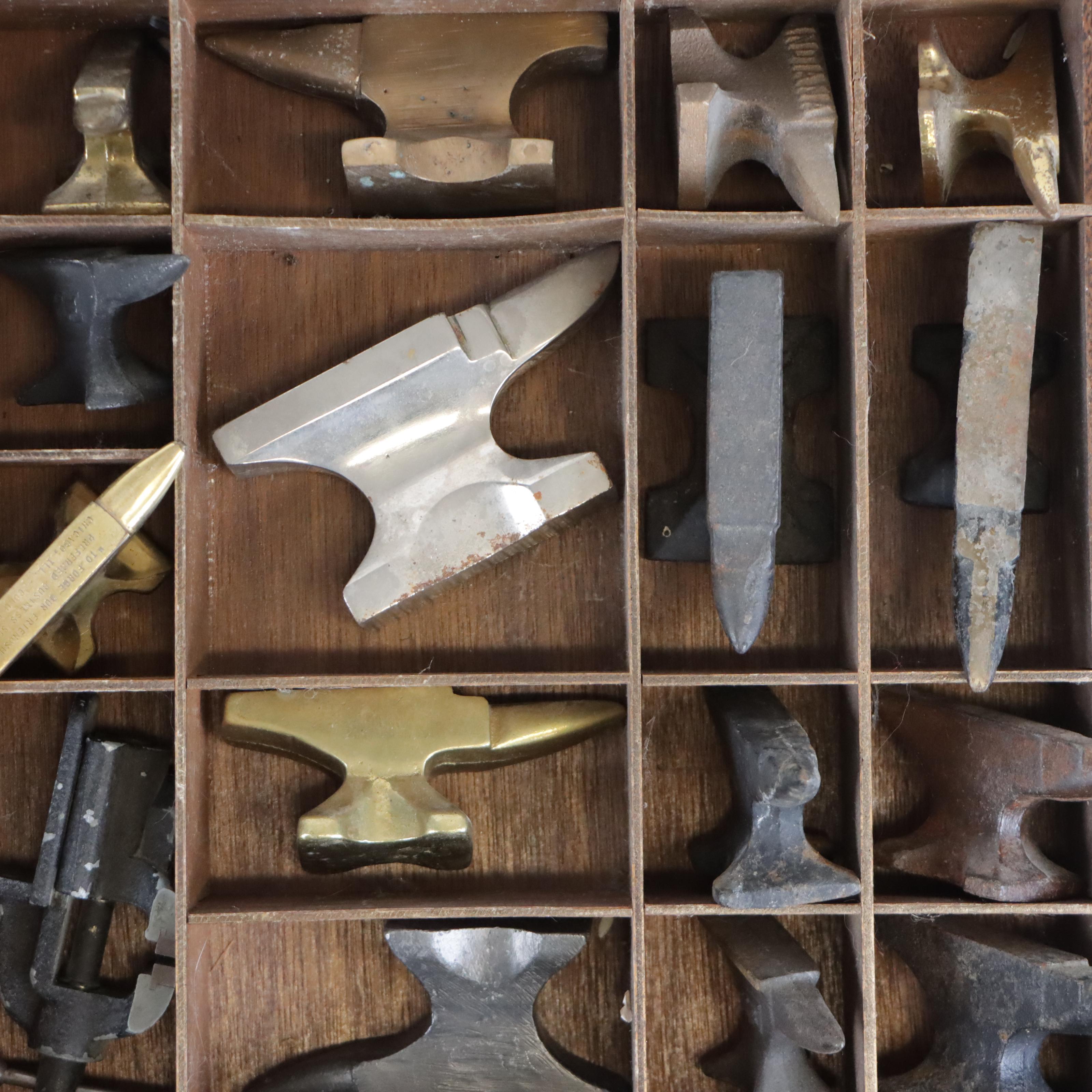 Wooden Typeset Box Filled with Small Anvils and Hammers, Early-Mid 20th Century
