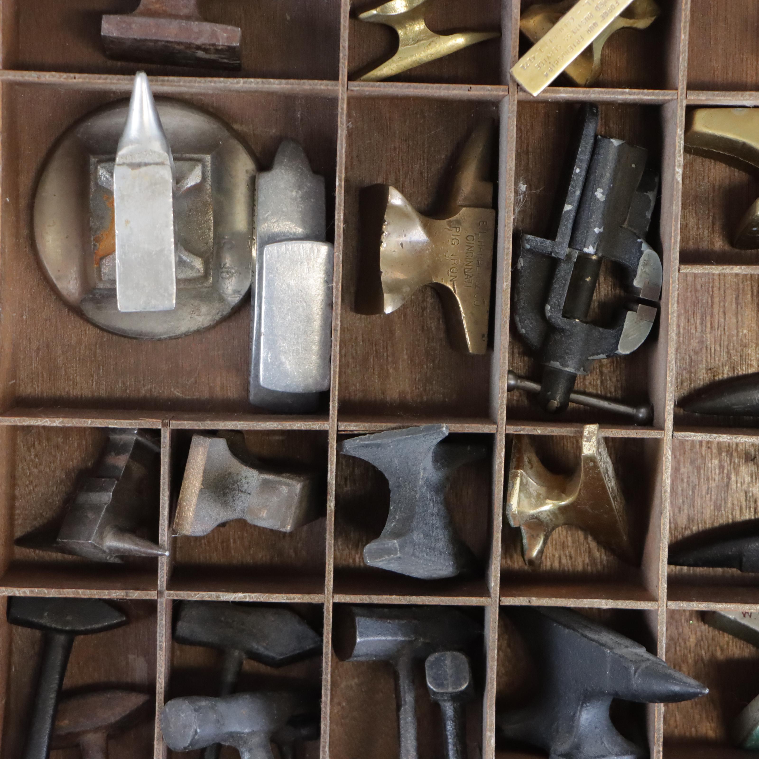 Wooden Typeset Box Filled with Small Anvils and Hammers, Early-Mid 20th Century