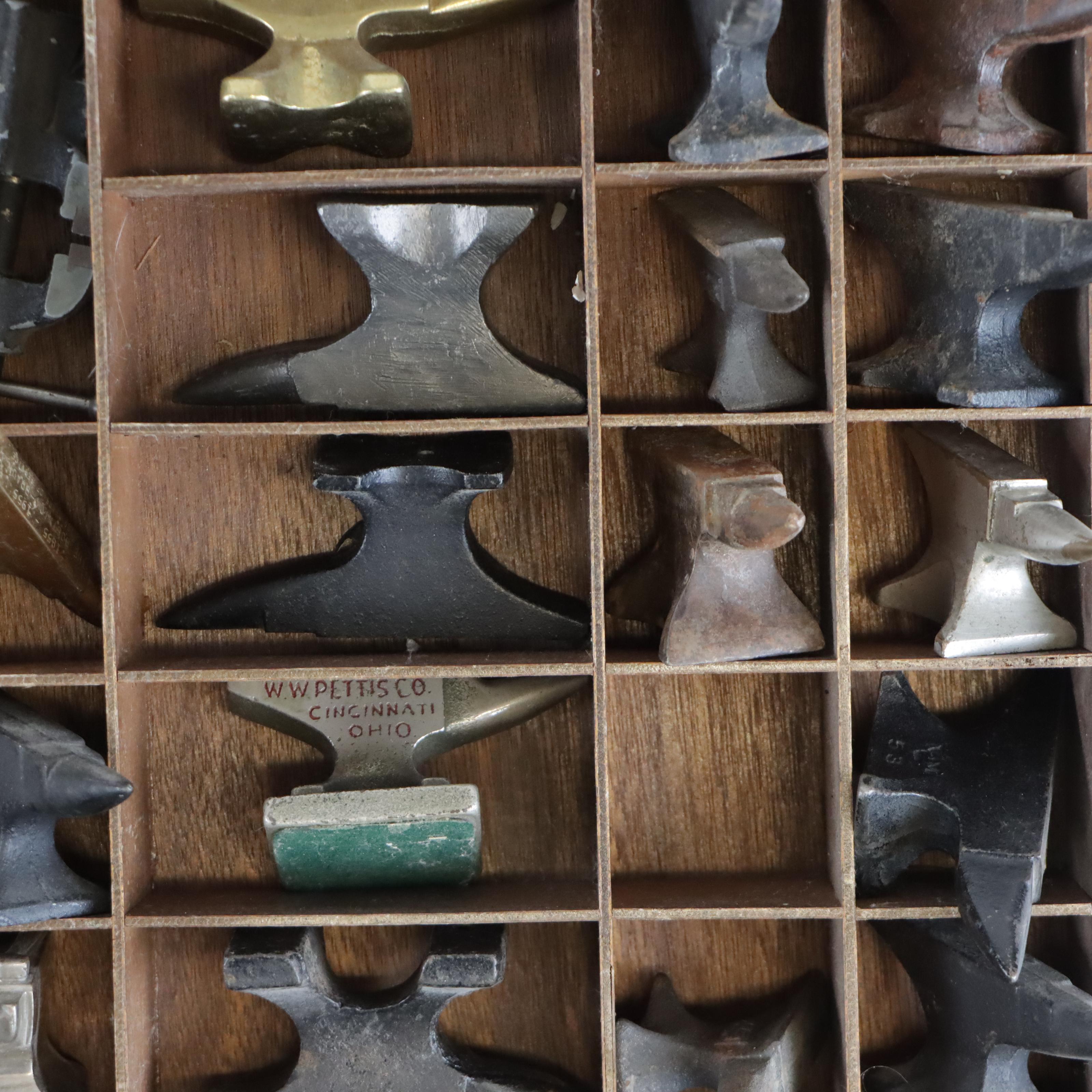 Wooden Typeset Box Filled with Small Anvils and Hammers, Early-Mid 20th Century