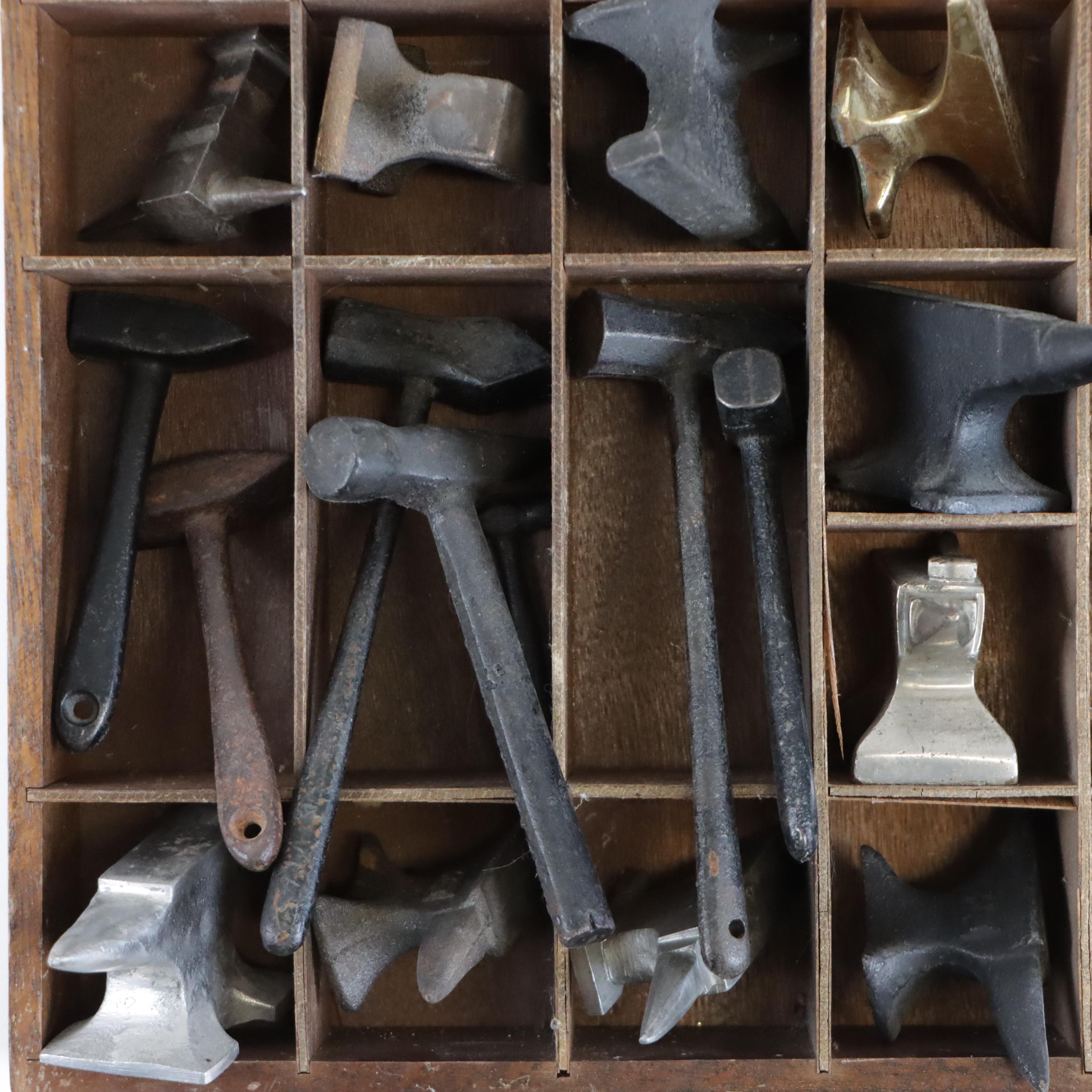 Wooden Typeset Box Filled with Small Anvils and Hammers, Early-Mid 20th Century