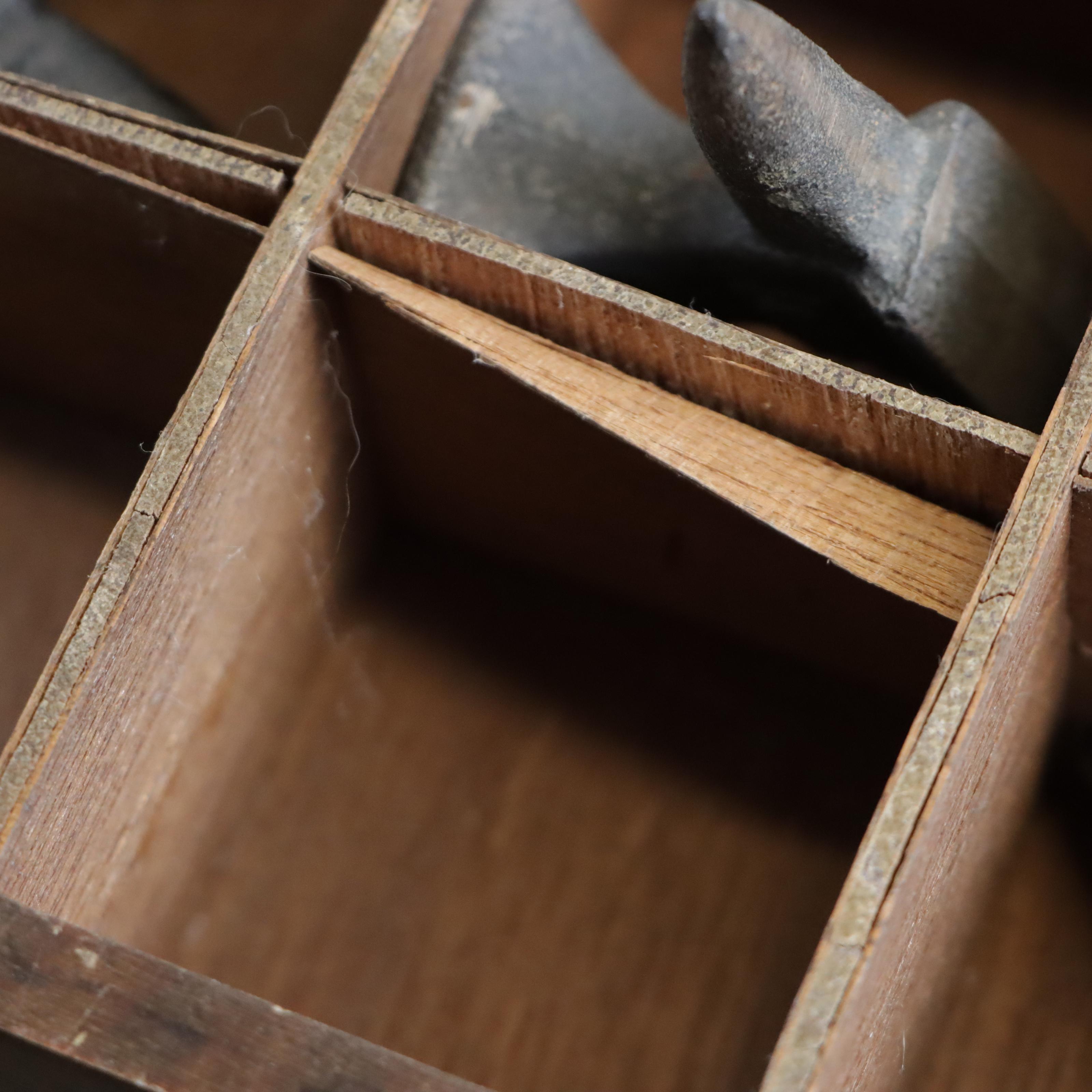 Wooden Typeset Box Filled with Small Anvils and Hammers, Early-Mid 20th Century