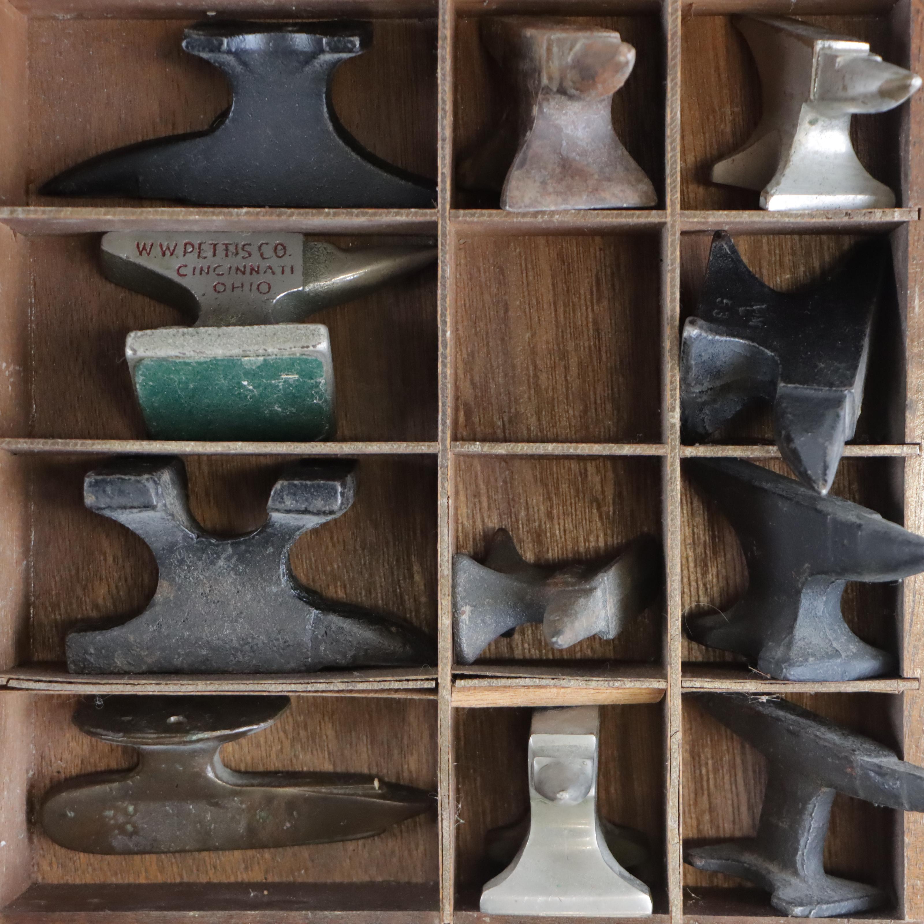 Wooden Typeset Box Filled with Small Anvils and Hammers, Early-Mid 20th Century