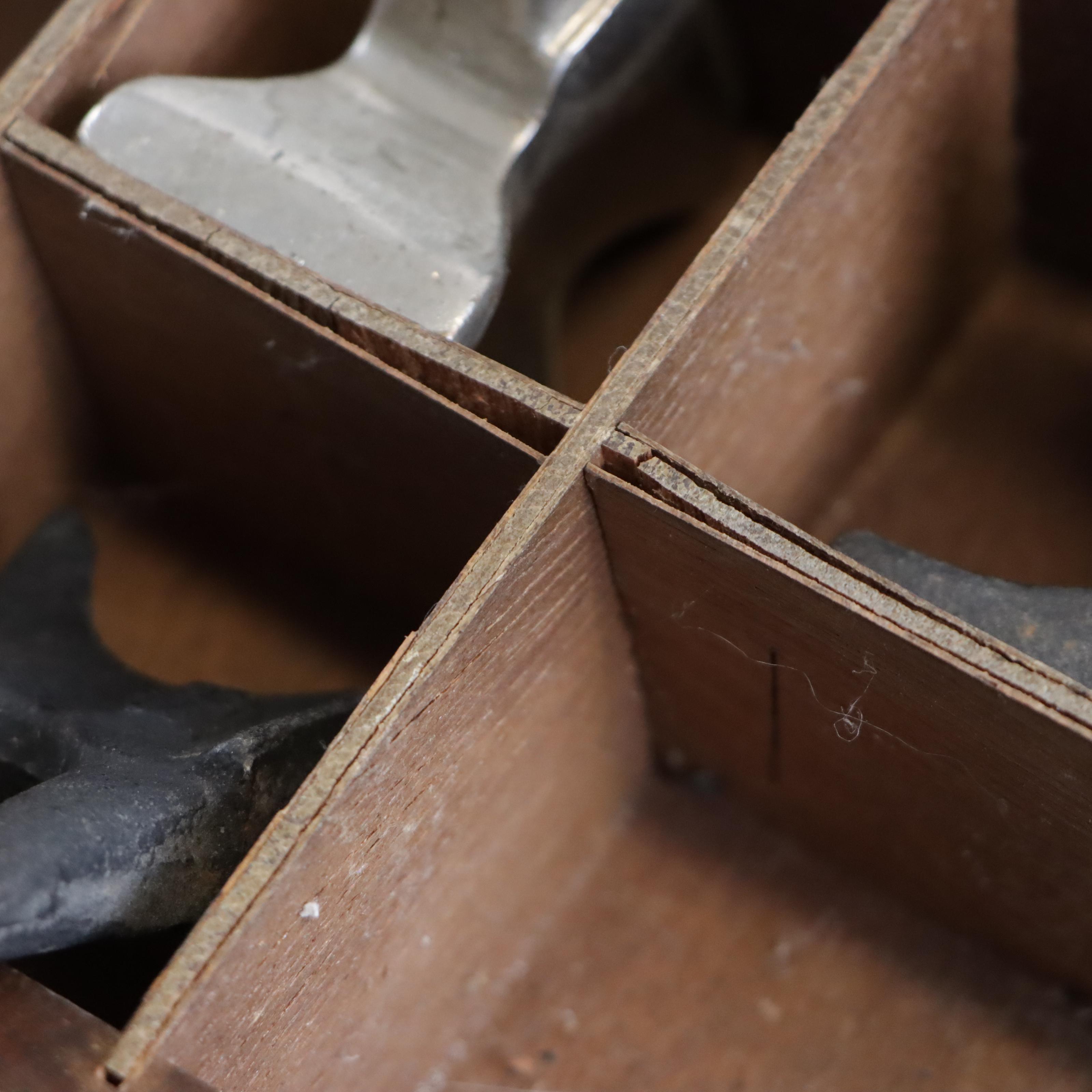 Wooden Typeset Box Filled with Small Anvils and Hammers, Early-Mid 20th Century
