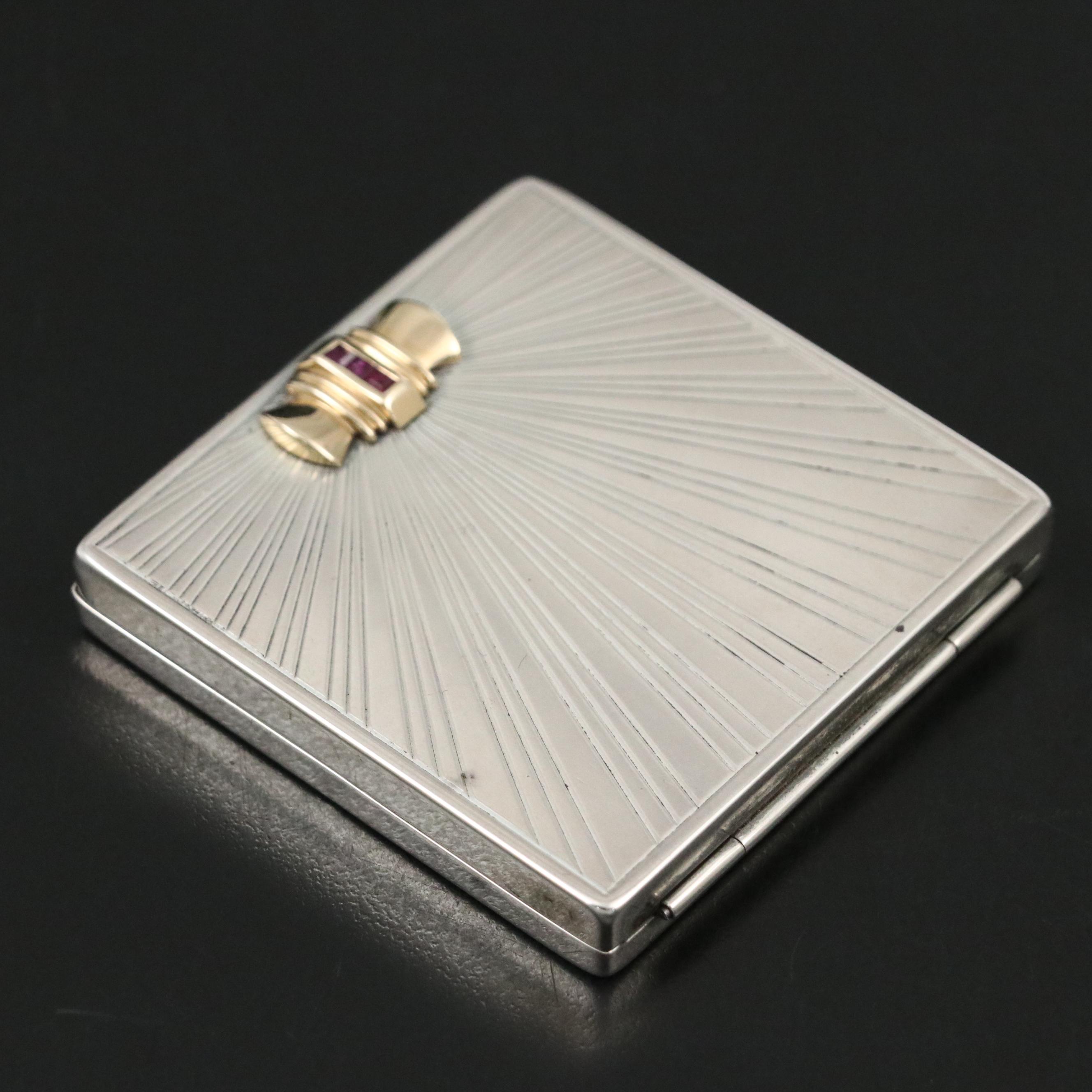 Tiffany & Co. Sterling and 14K Powder Compact with Square Cut Ruby Inlay