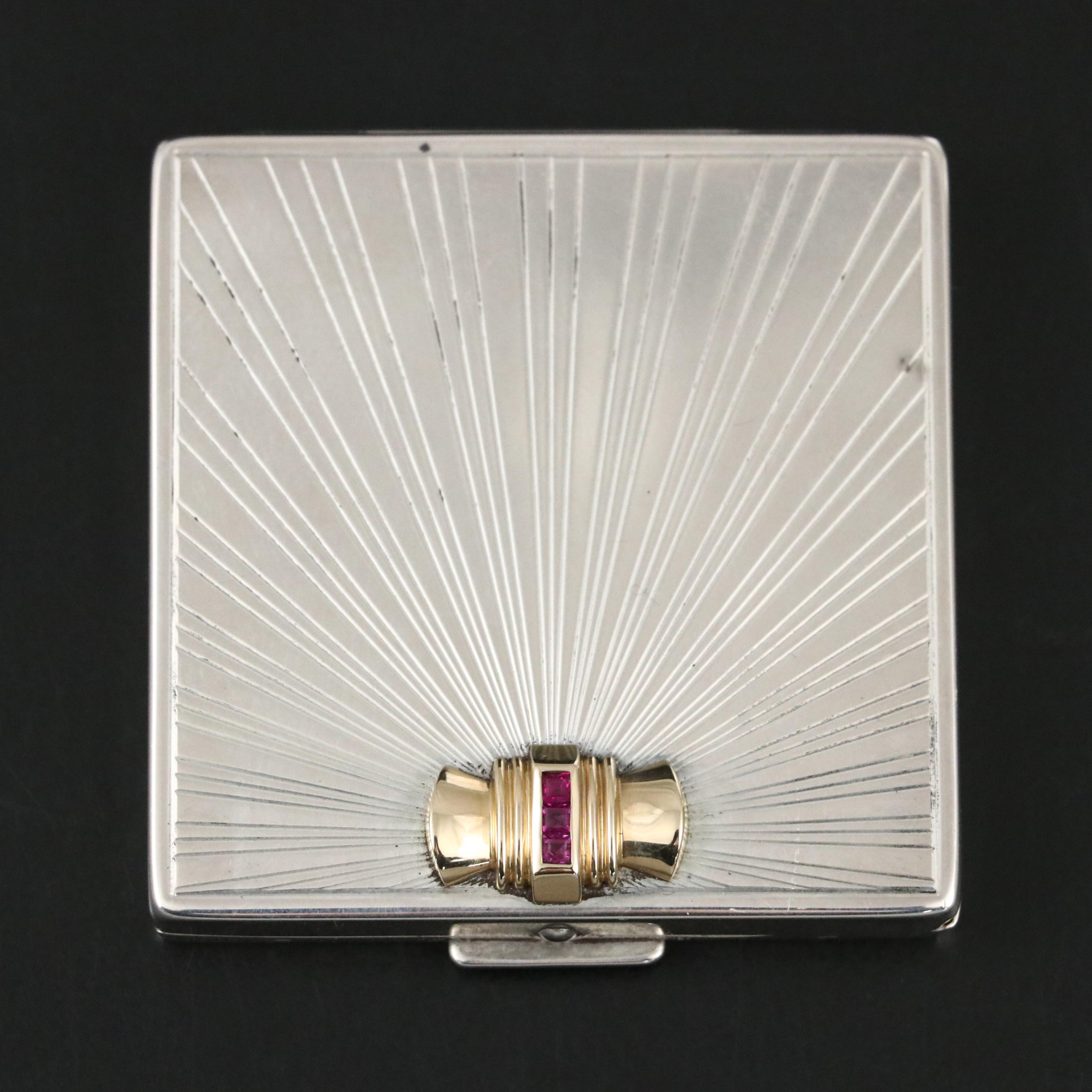 Tiffany & Co. Sterling and 14K Powder Compact with Square Cut Ruby Inlay
