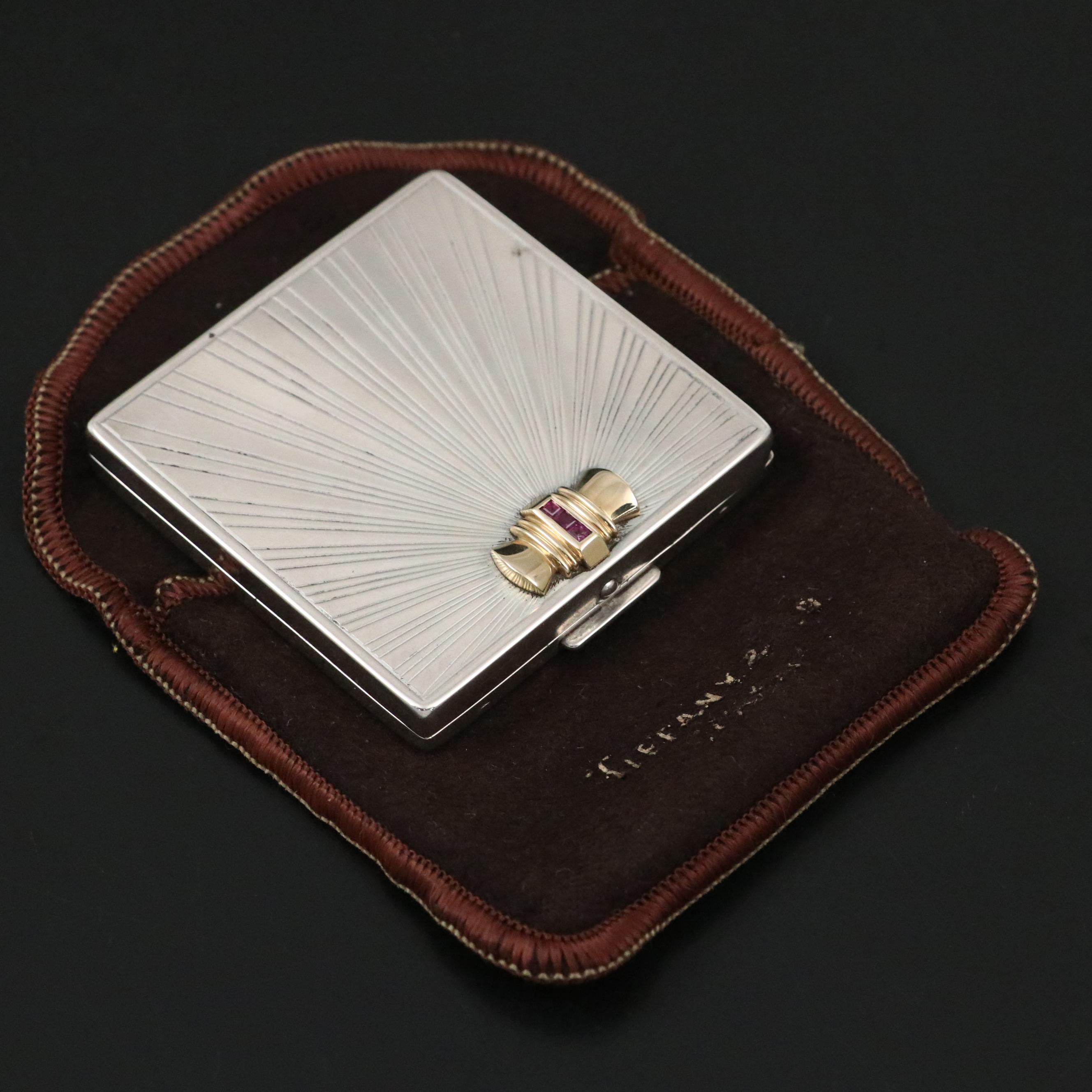 Tiffany & Co. Sterling and 14K Powder Compact with Square Cut Ruby Inlay