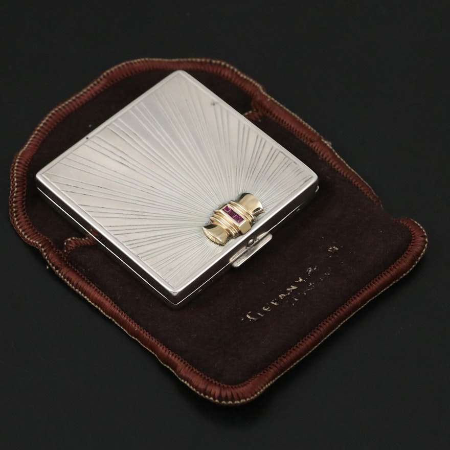 Tiffany & Co. Sterling and 14K Powder Compact with Square Cut Ruby ...