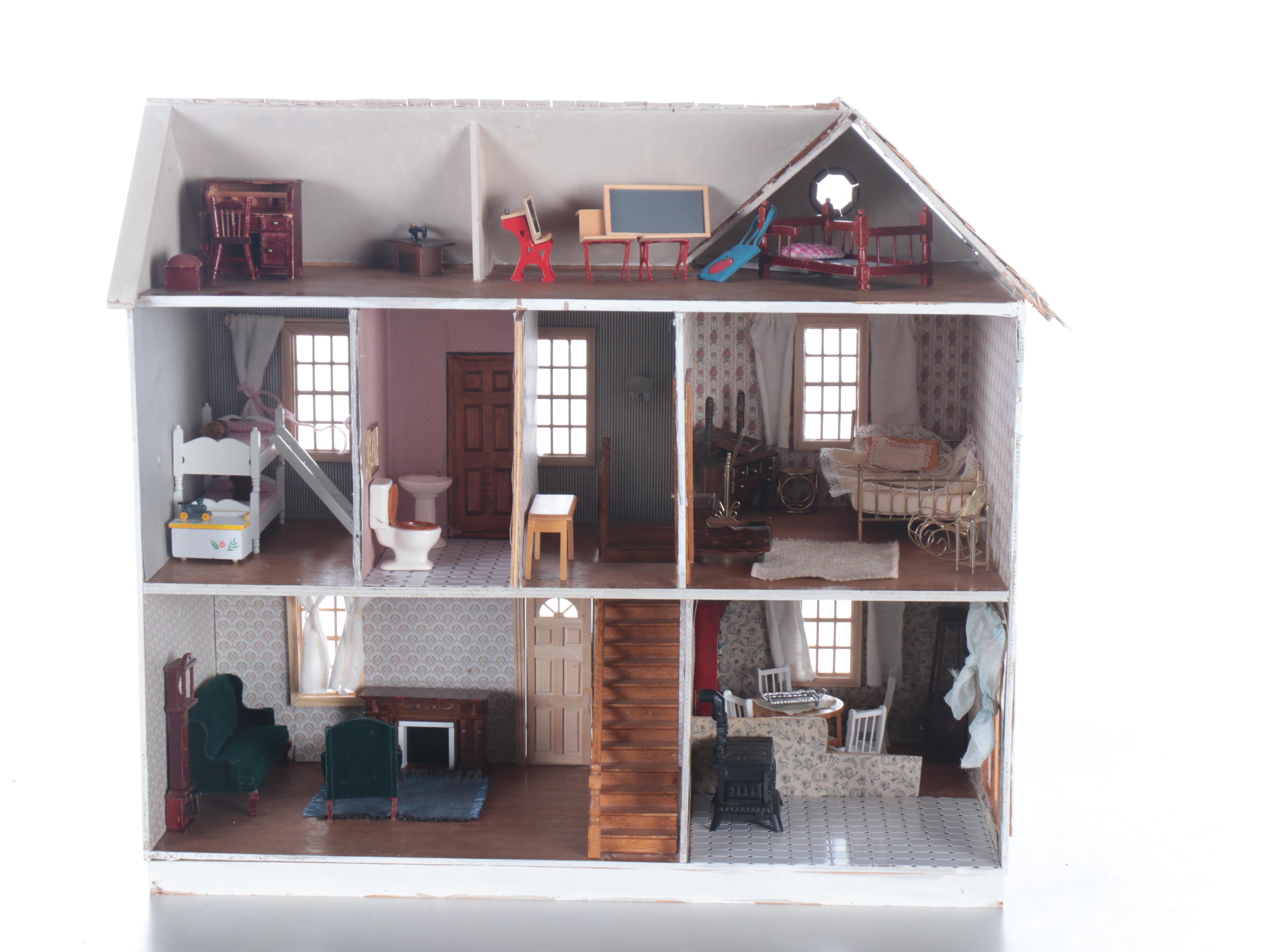 White Dollhouse with Furniture and Accessories