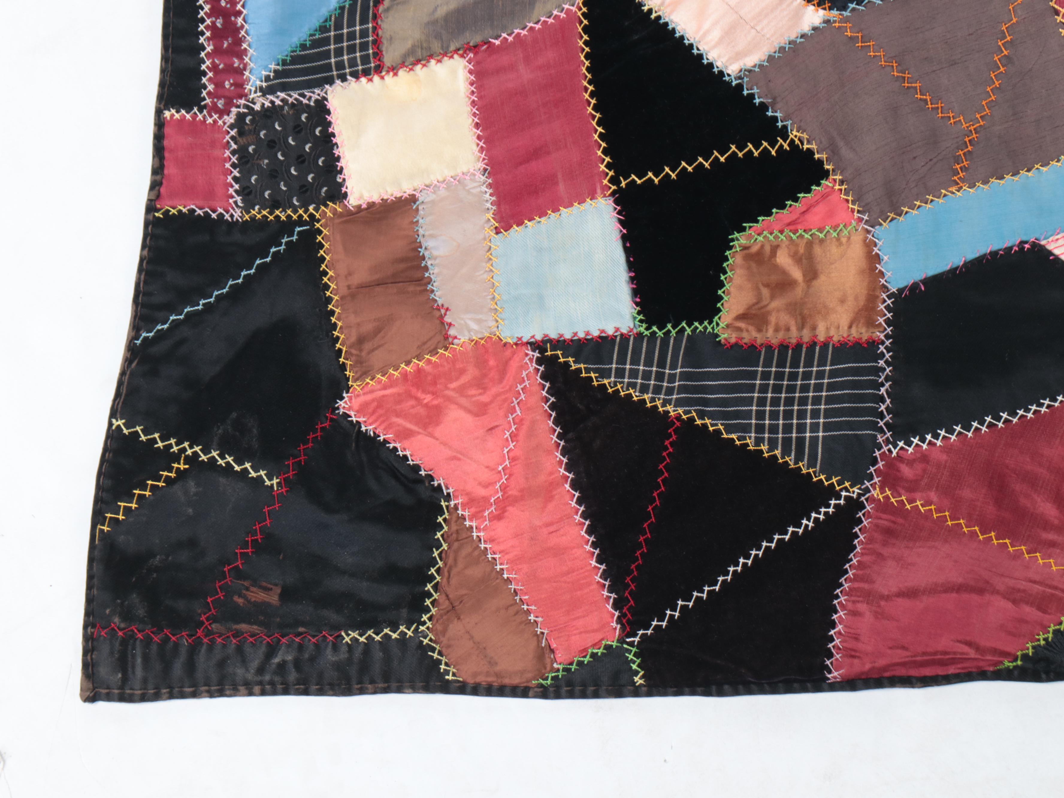 Victorian Style Handmade Patchwork "Crazy Quilt" with Applique