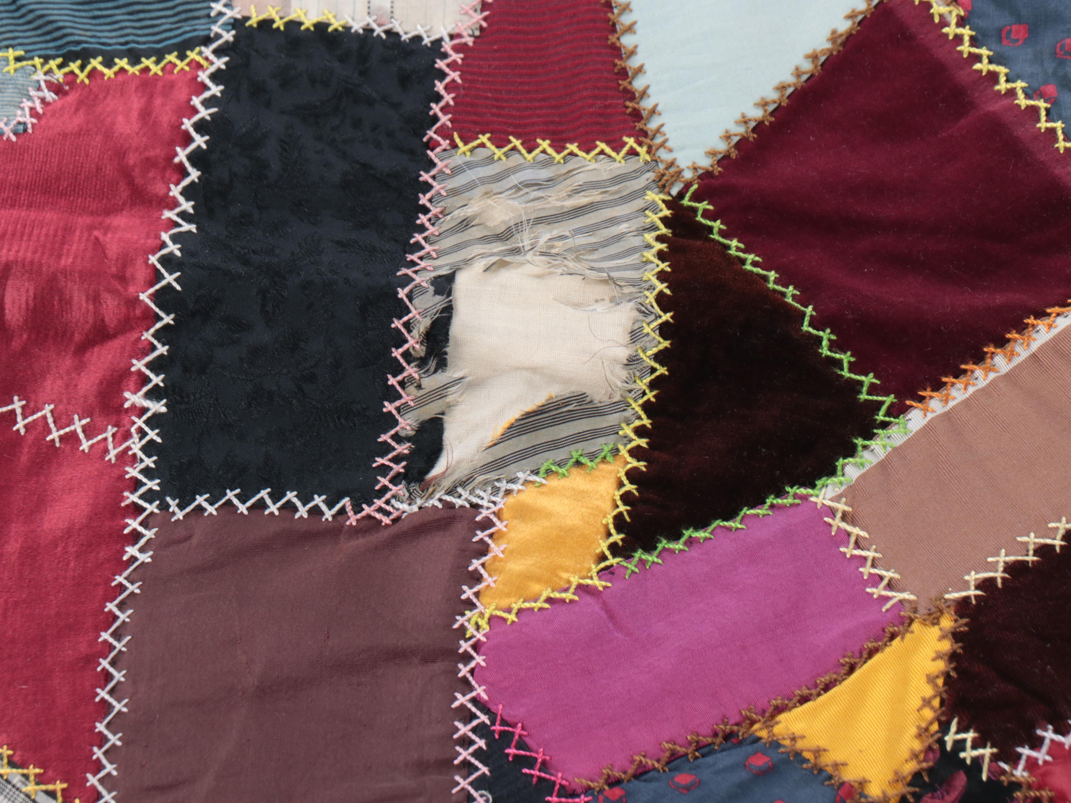 Victorian Style Handmade Patchwork "Crazy Quilt" with Applique