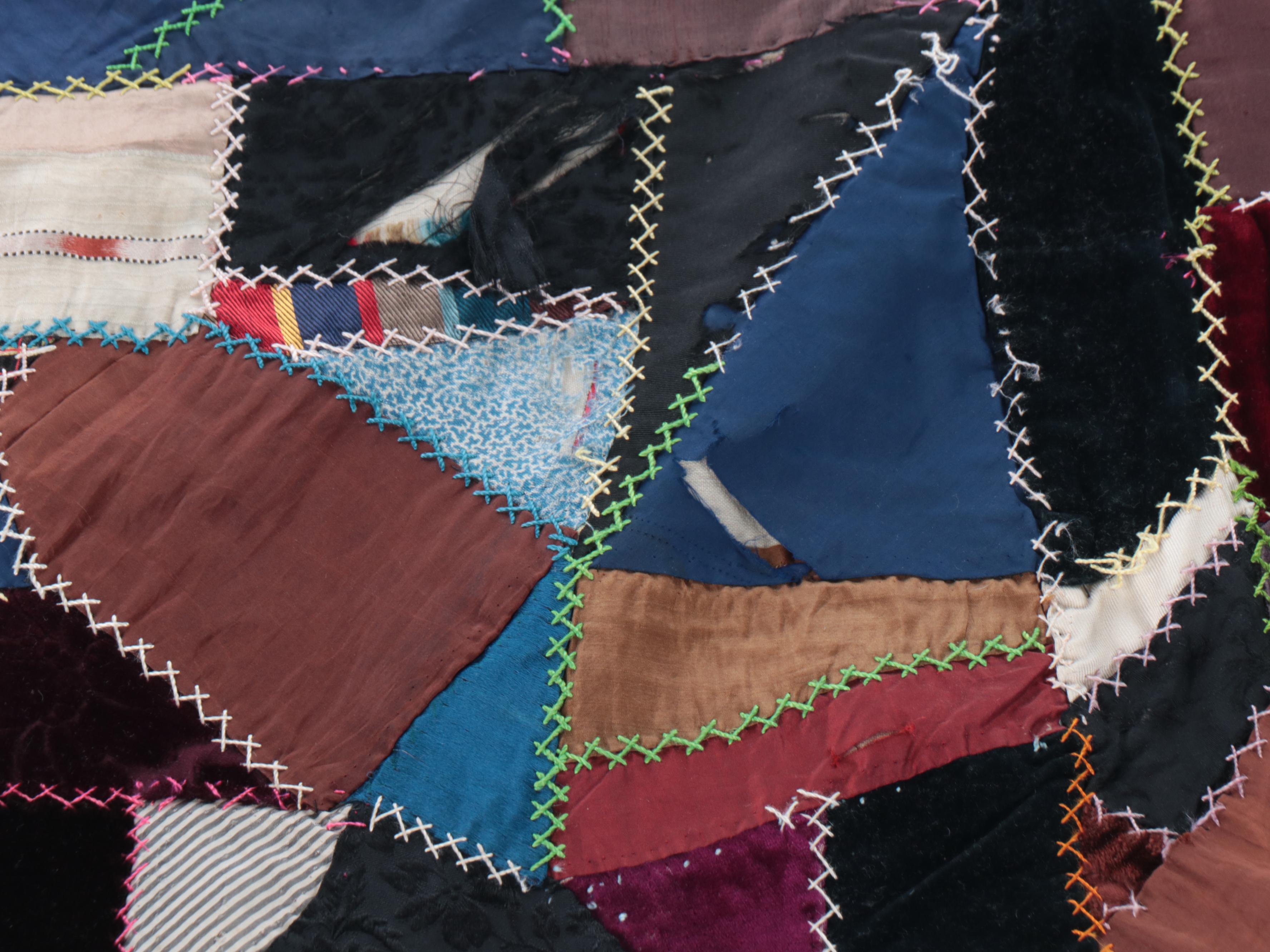 Victorian Style Handmade Patchwork "Crazy Quilt" with Applique