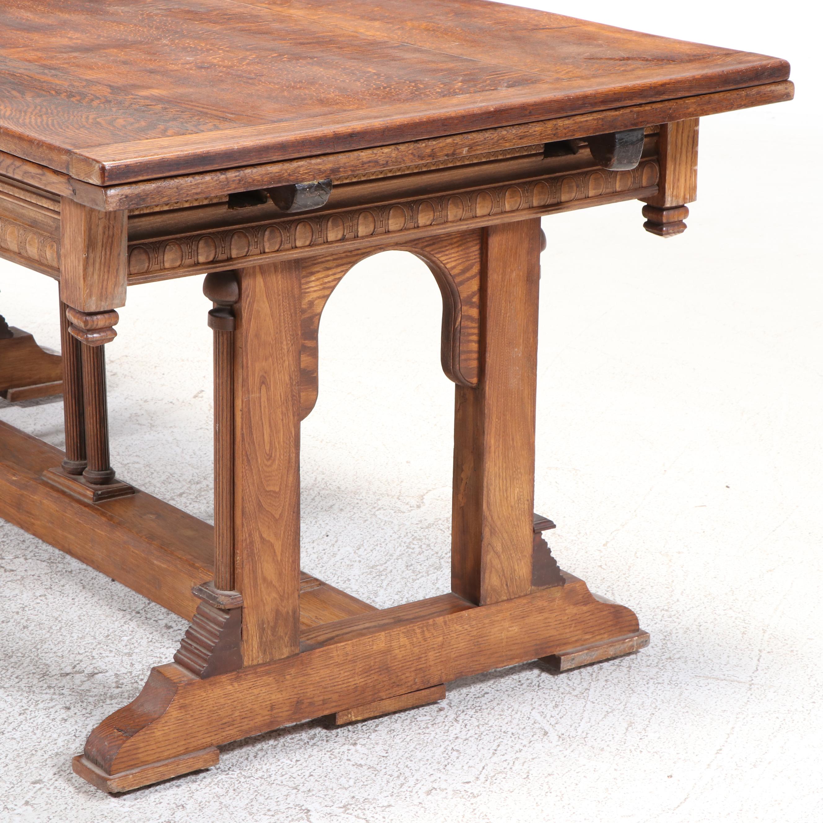 Gothic Revival Oak, Ash, and Pine Trestle-Base Draw-Leaf Dining Table