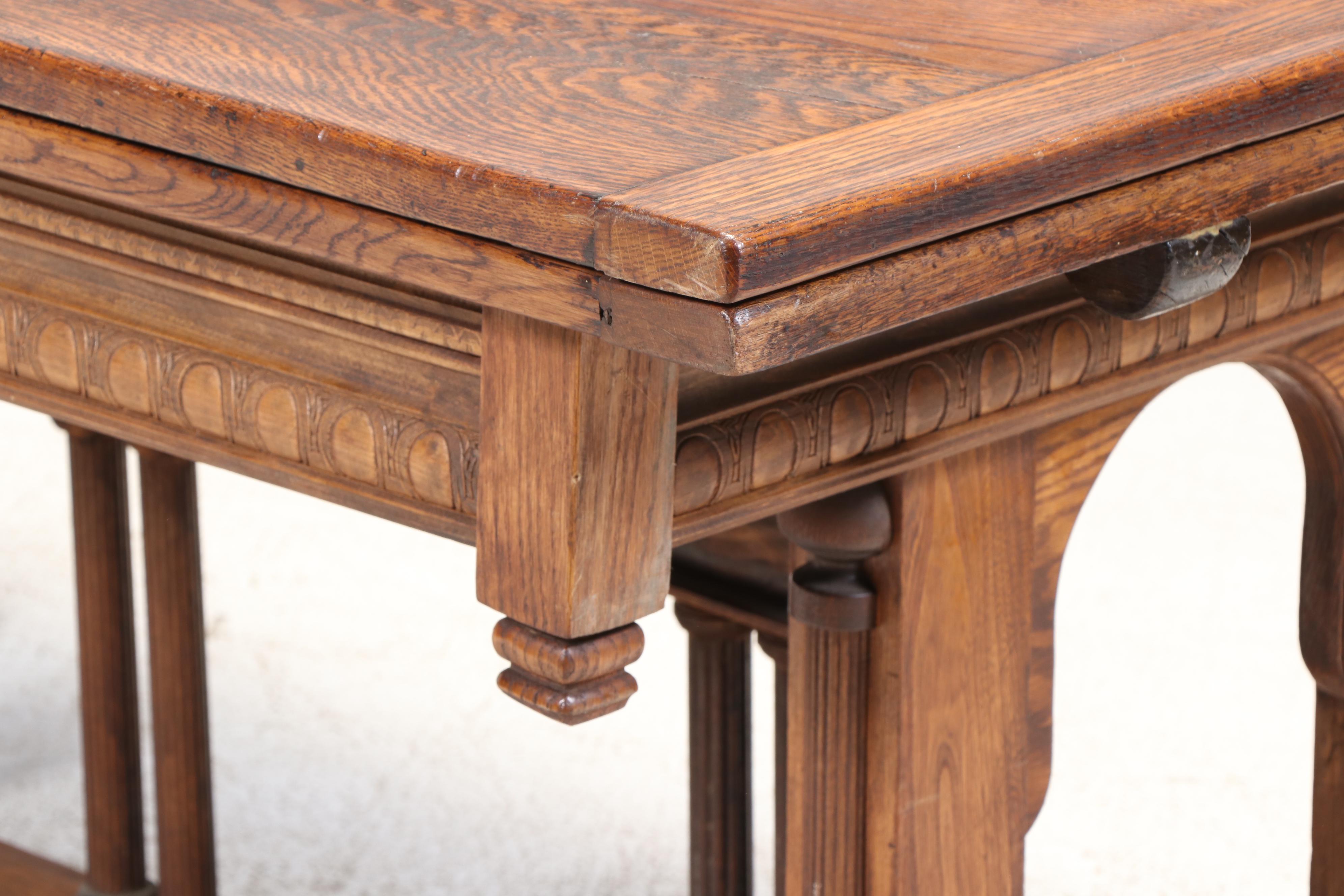 Gothic Revival Oak, Ash, and Pine Trestle-Base Draw-Leaf Dining Table