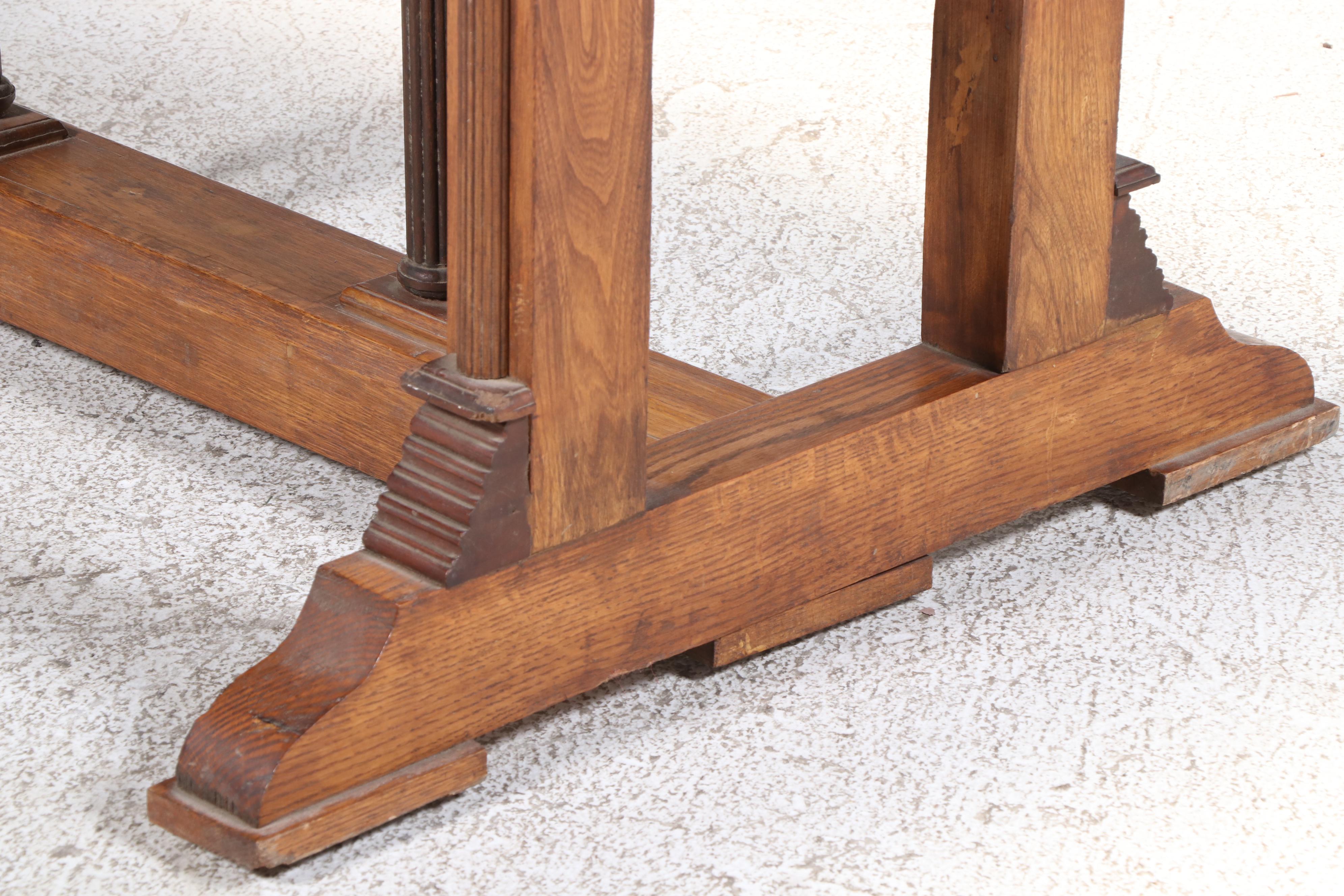 Gothic Revival Oak, Ash, and Pine Trestle-Base Draw-Leaf Dining Table