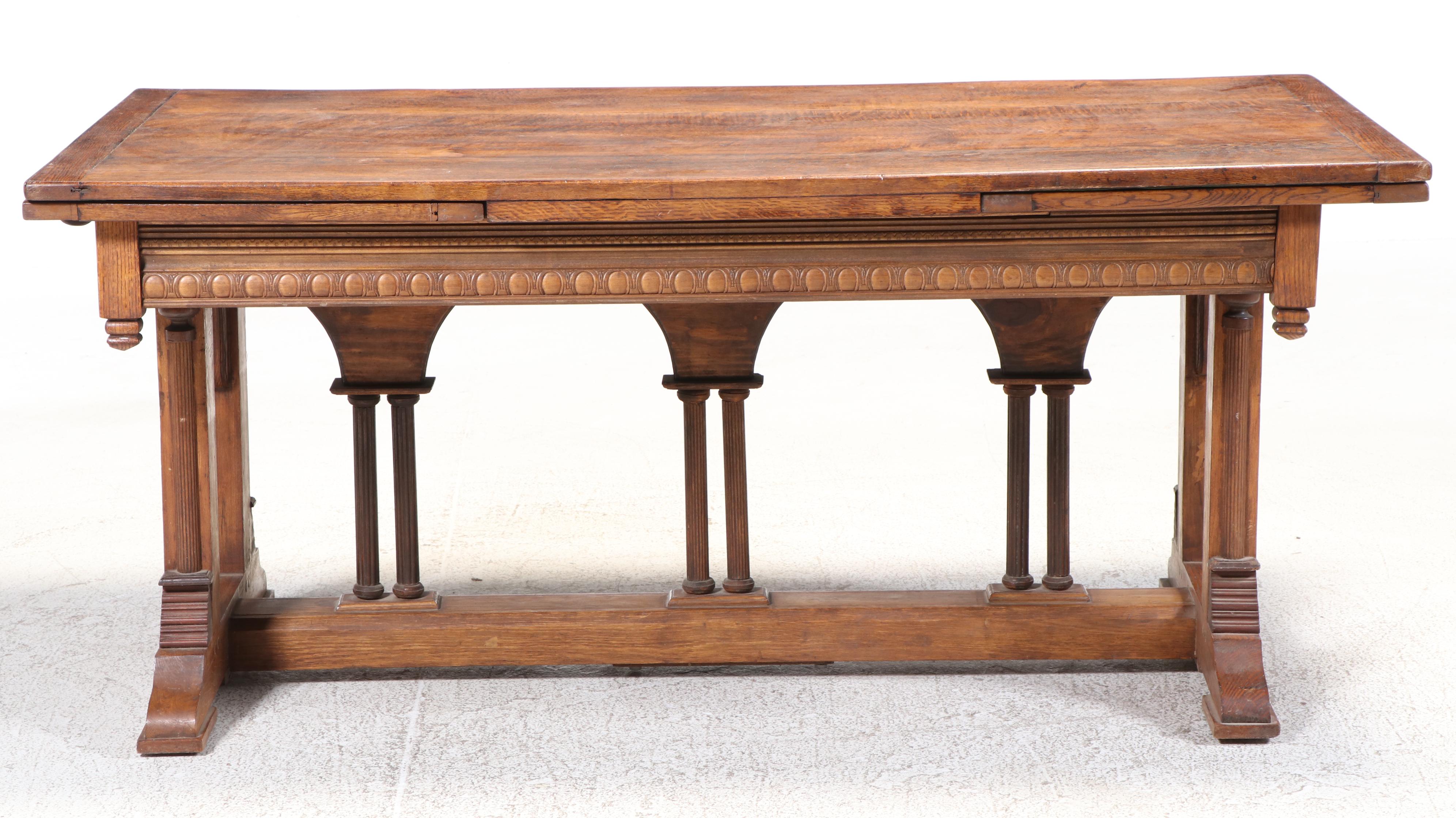 Gothic Revival Oak, Ash, and Pine Trestle-Base Draw-Leaf Dining Table