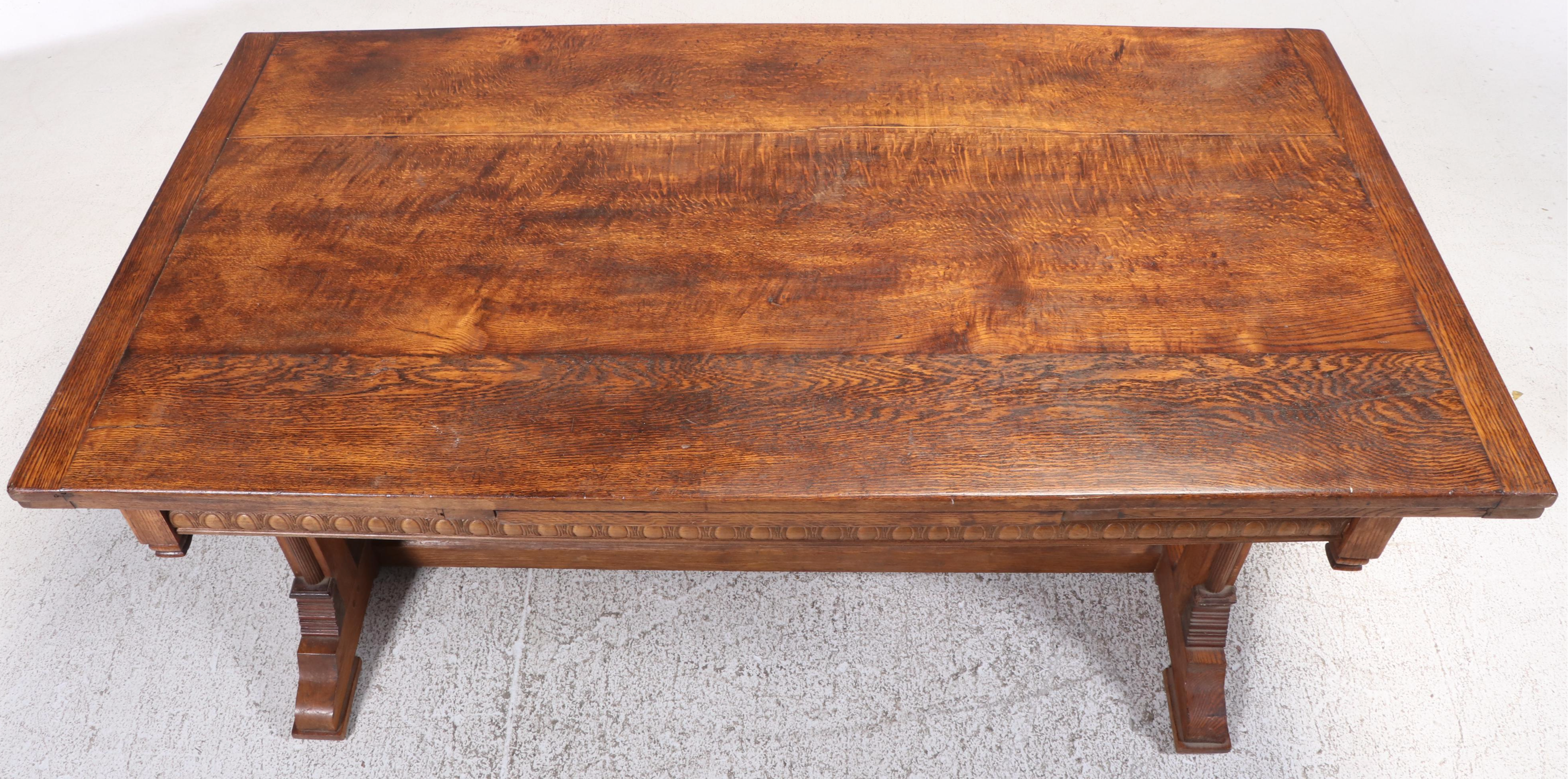 Gothic Revival Oak, Ash, and Pine Trestle-Base Draw-Leaf Dining Table