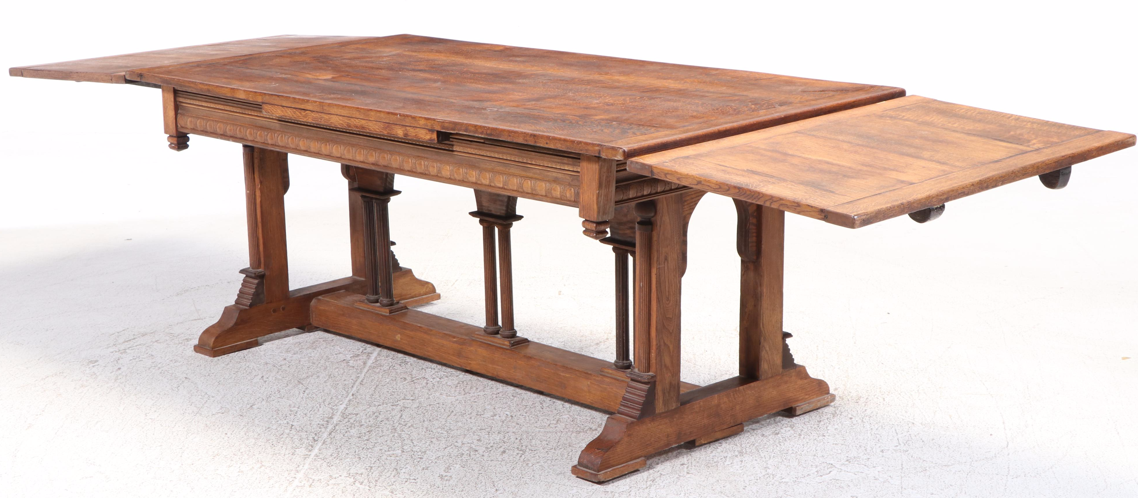 Gothic Revival Oak, Ash, and Pine Trestle-Base Draw-Leaf Dining Table