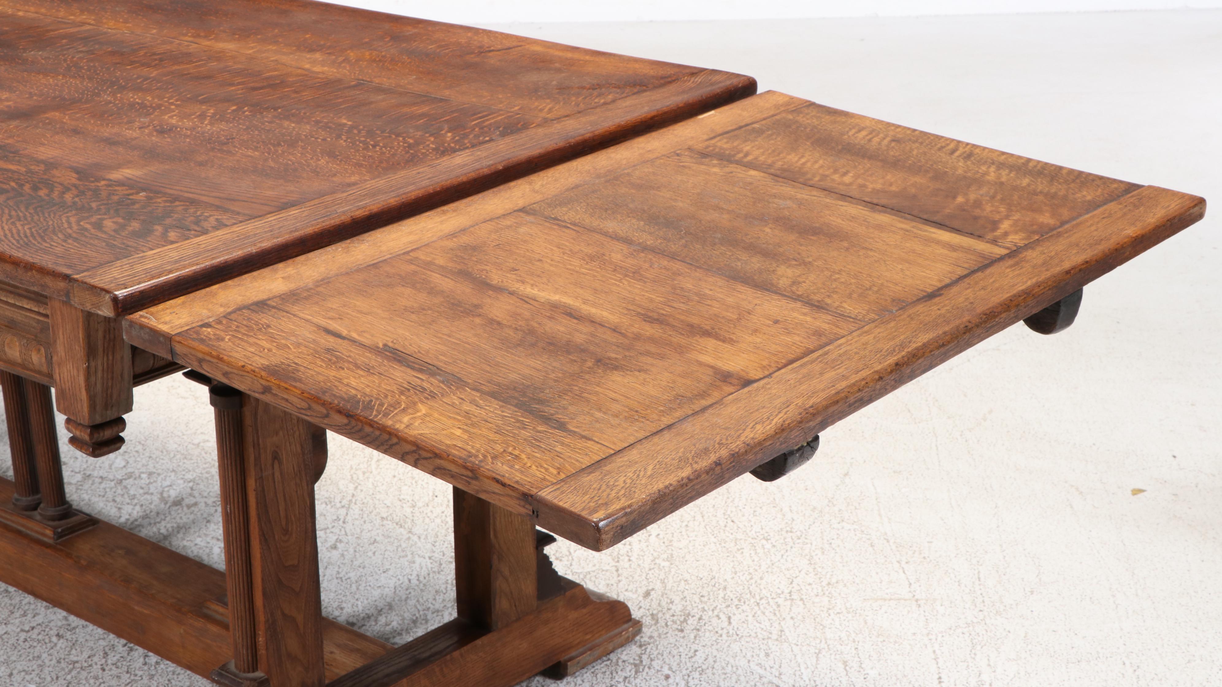 Gothic Revival Oak, Ash, and Pine Trestle-Base Draw-Leaf Dining Table