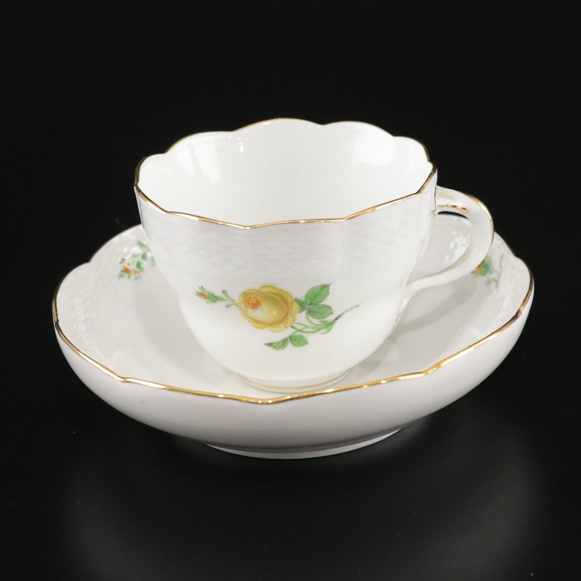 Meissen Yellow Rose with Basket Weave Edge Coffee Pot, Cups and Saucers