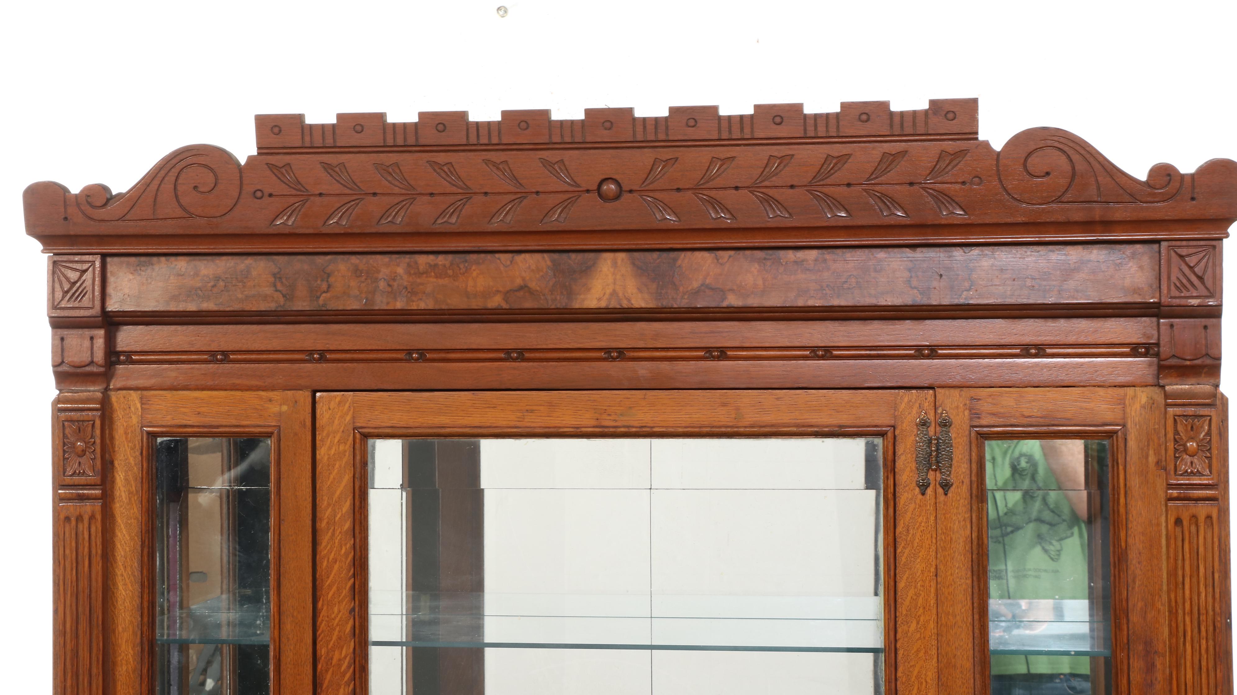 Victorian Style Walnut, Burl Walnut, Quartersawn Oak Display Cabinet