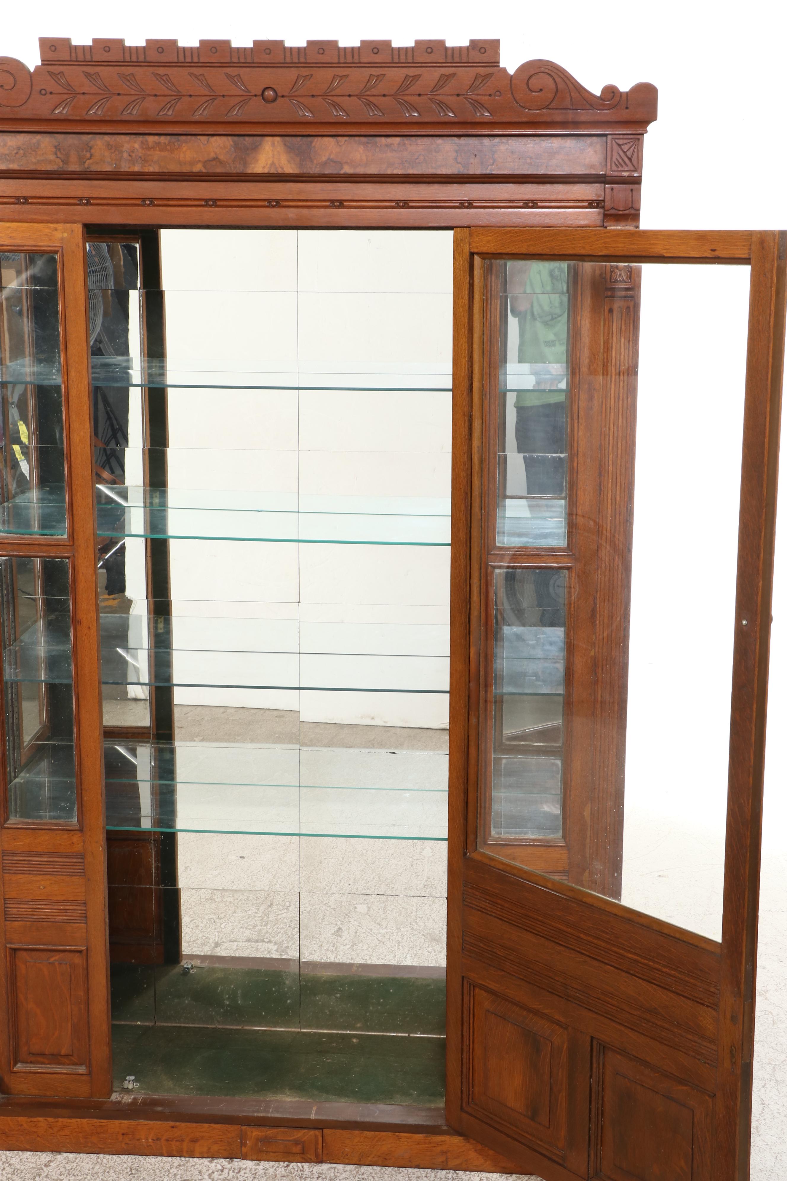Victorian Style Walnut, Burl Walnut, Quartersawn Oak Display Cabinet