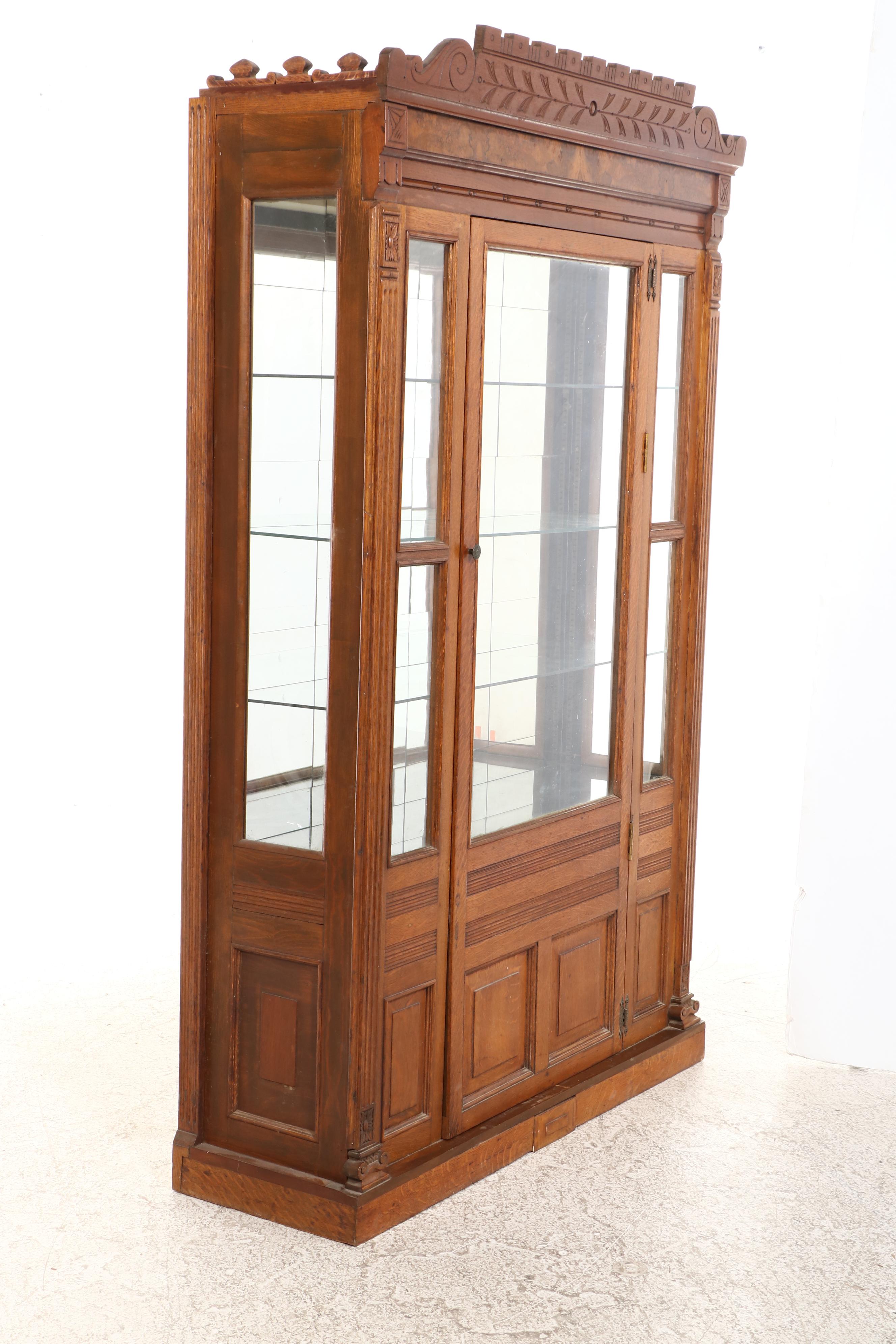 Victorian Style Walnut, Burl Walnut, Quartersawn Oak Display Cabinet
