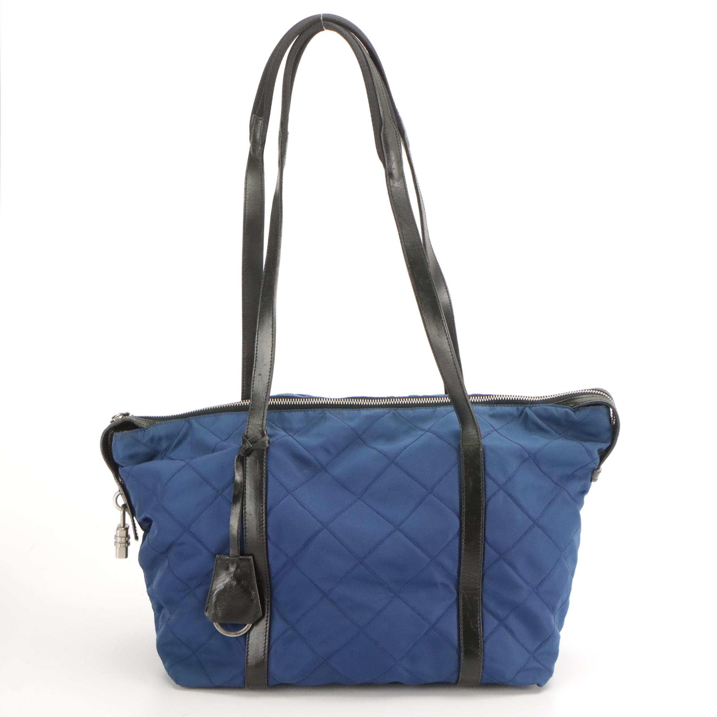 Prada Shoulder Tote in Deep Blue Quilted Nylon Tessuto and Black Leather Trim