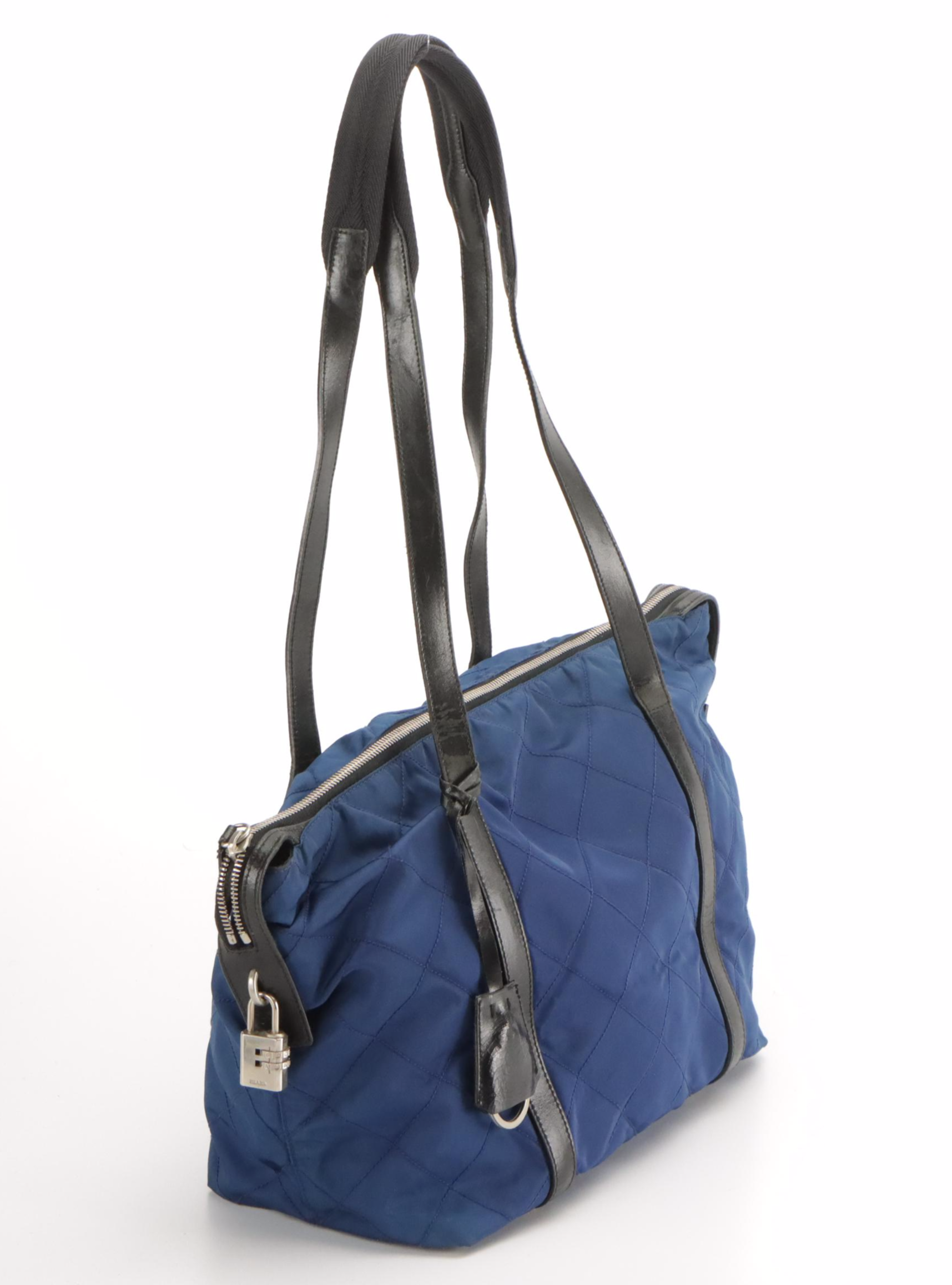 Prada Shoulder Tote in Deep Blue Quilted Nylon Tessuto and Black Leather Trim