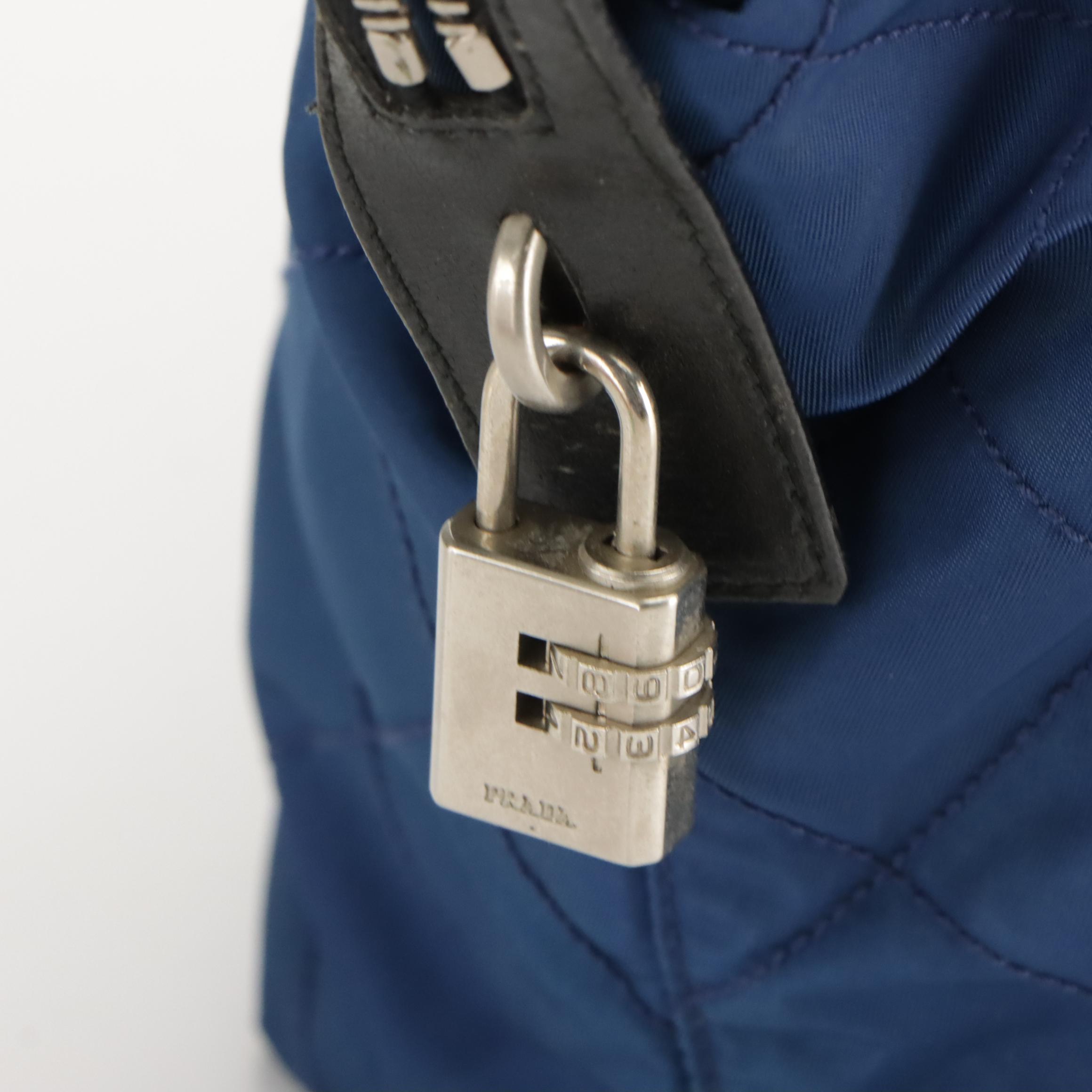 Prada Shoulder Tote in Deep Blue Quilted Nylon Tessuto and Black Leather Trim