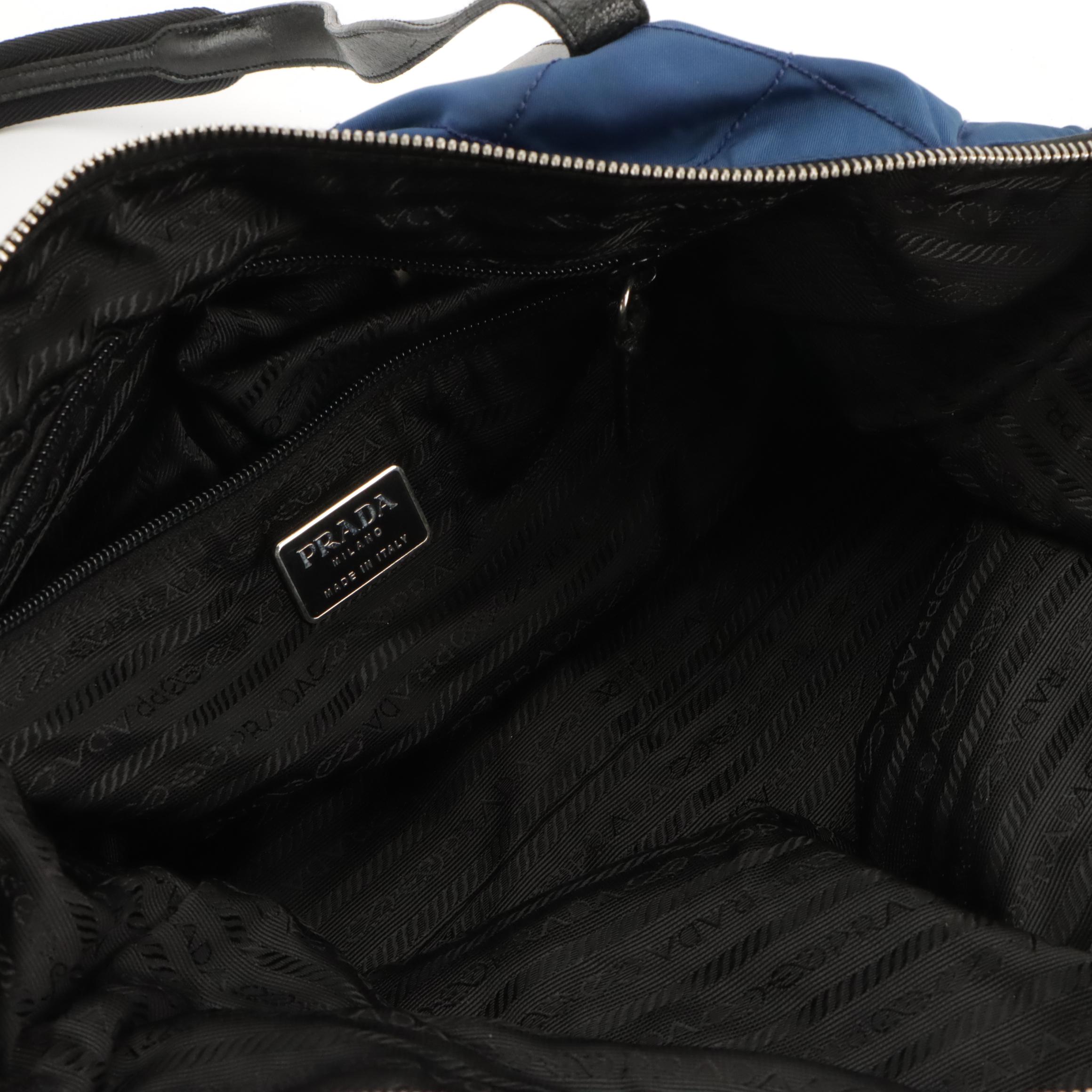 Prada Shoulder Tote in Deep Blue Quilted Nylon Tessuto and Black Leather Trim