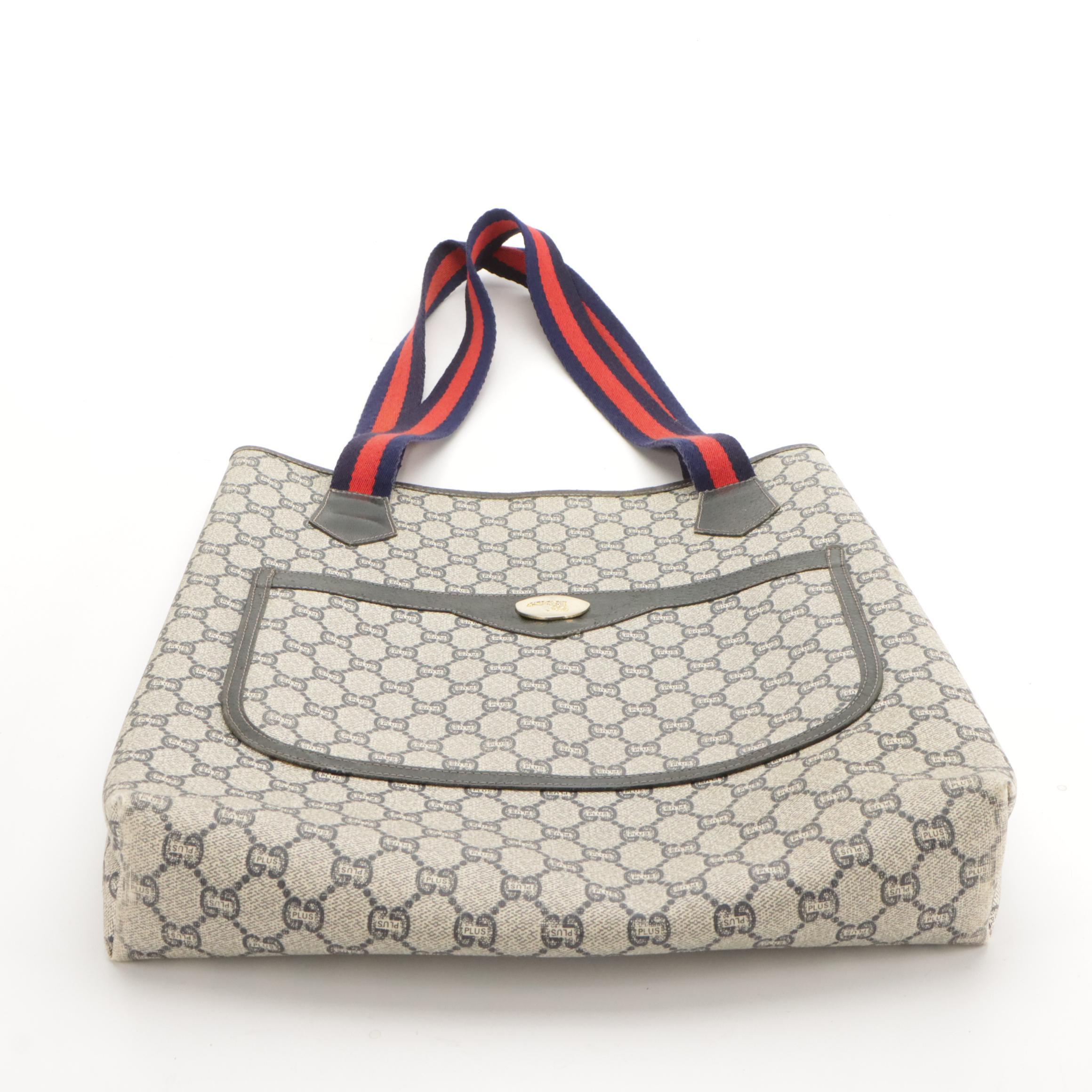 Gucci Plus Sherry Line Tote Bag in Navy GG Plus Coated Canvas with Web Straps