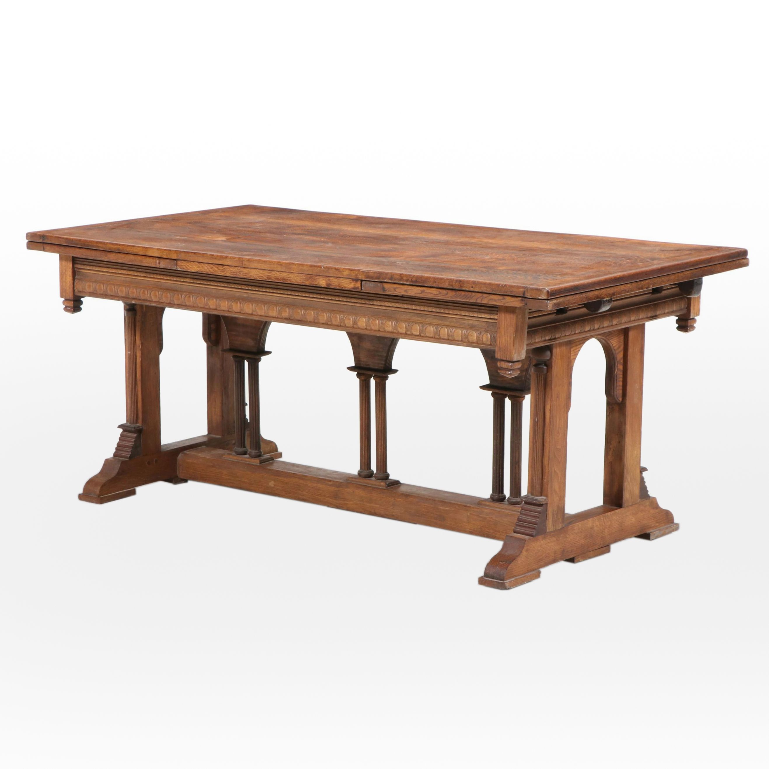 Gothic Revival Oak, Ash, and Pine Trestle-Base Draw-Leaf Dining Table