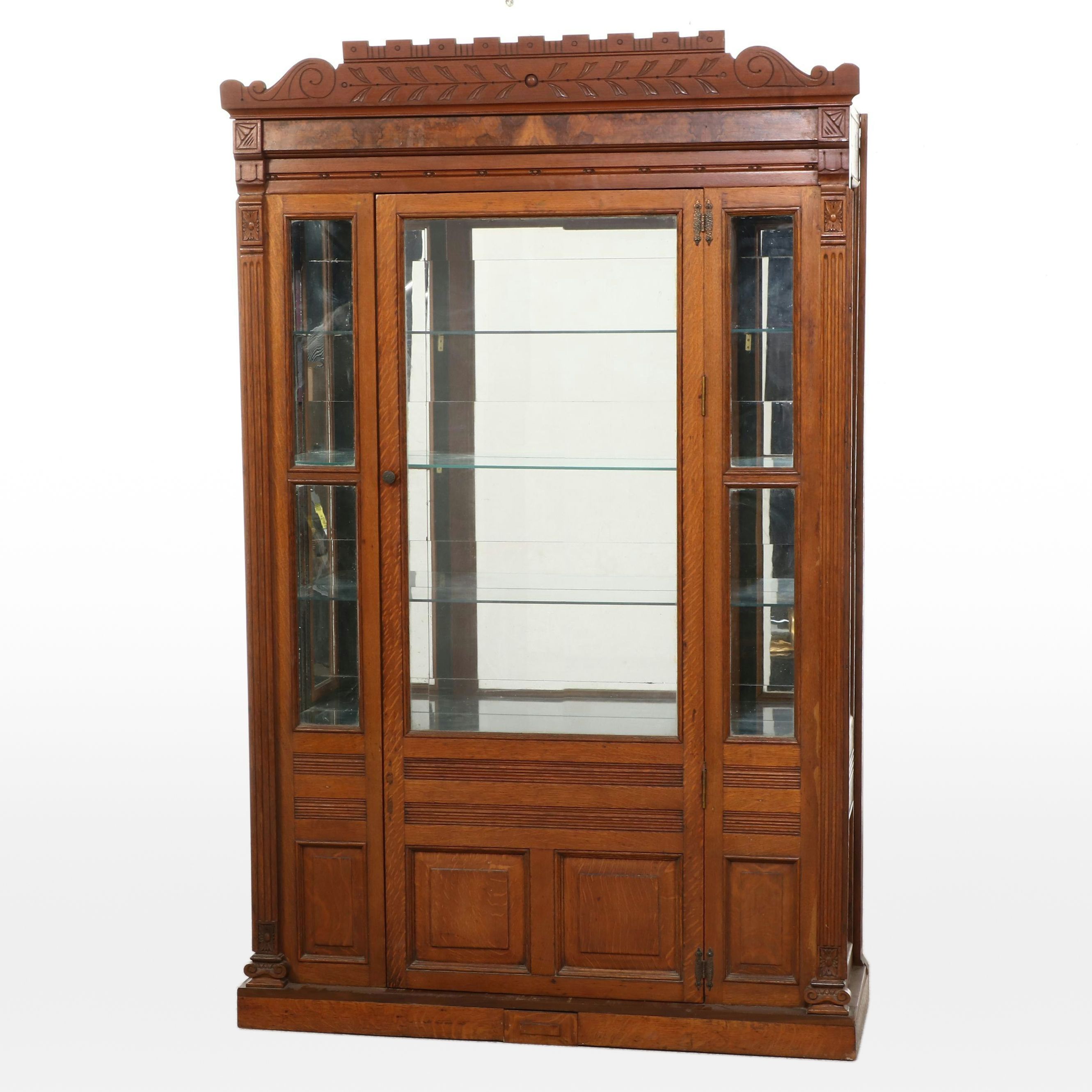 Victorian Style Walnut, Burl Walnut, Quartersawn Oak Display Cabinet